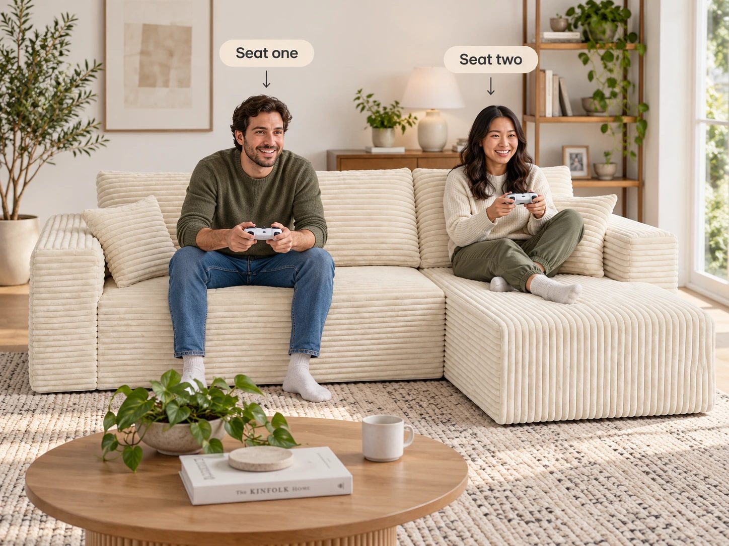 Two illustrated adults test separate controller positions on THE L, with the short chaise and each player’s elbow space visible.