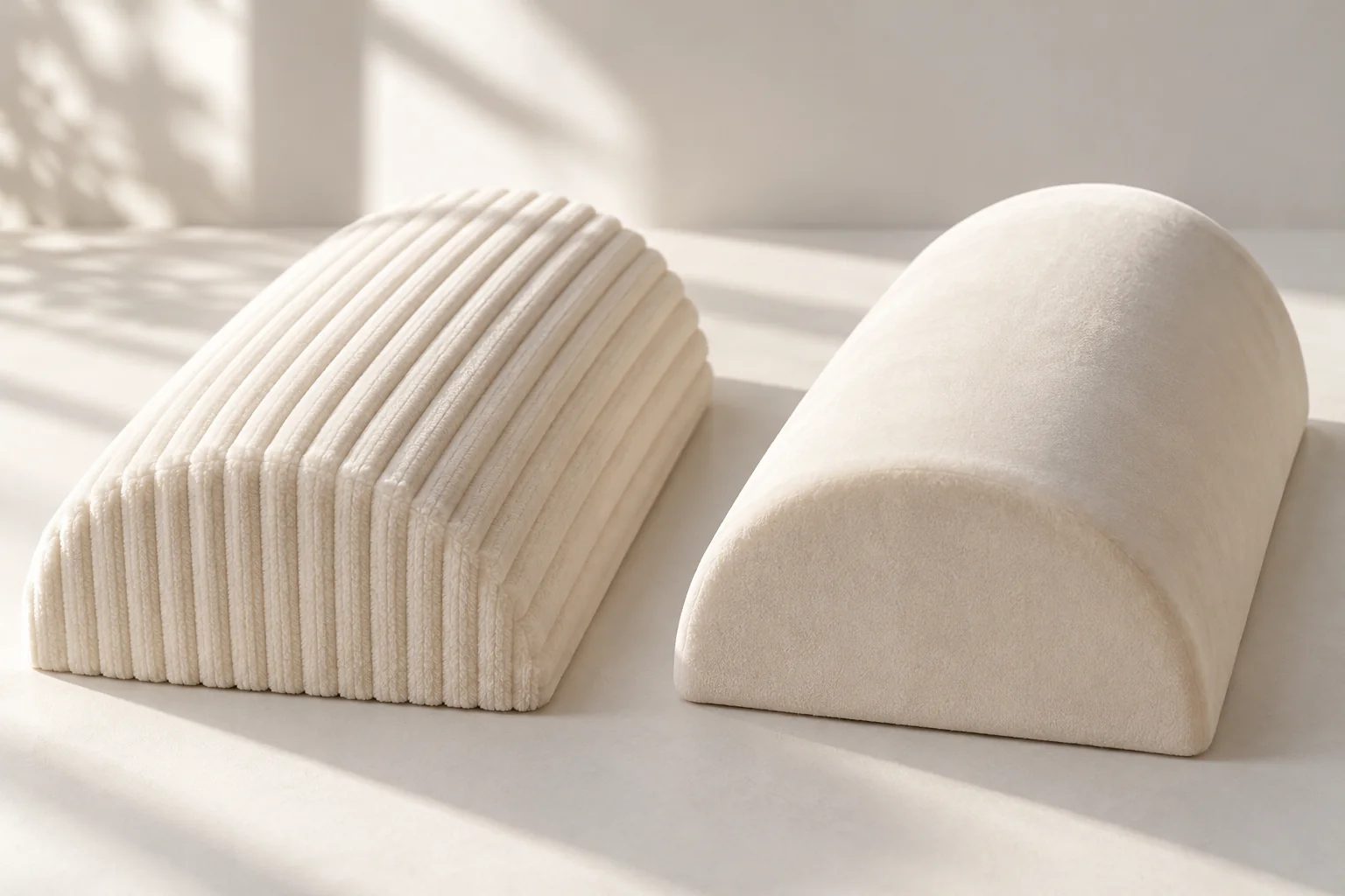 White corduroy and velvet samples follow matching curved supports, showing ribbed lines beside a continuous pile surface.