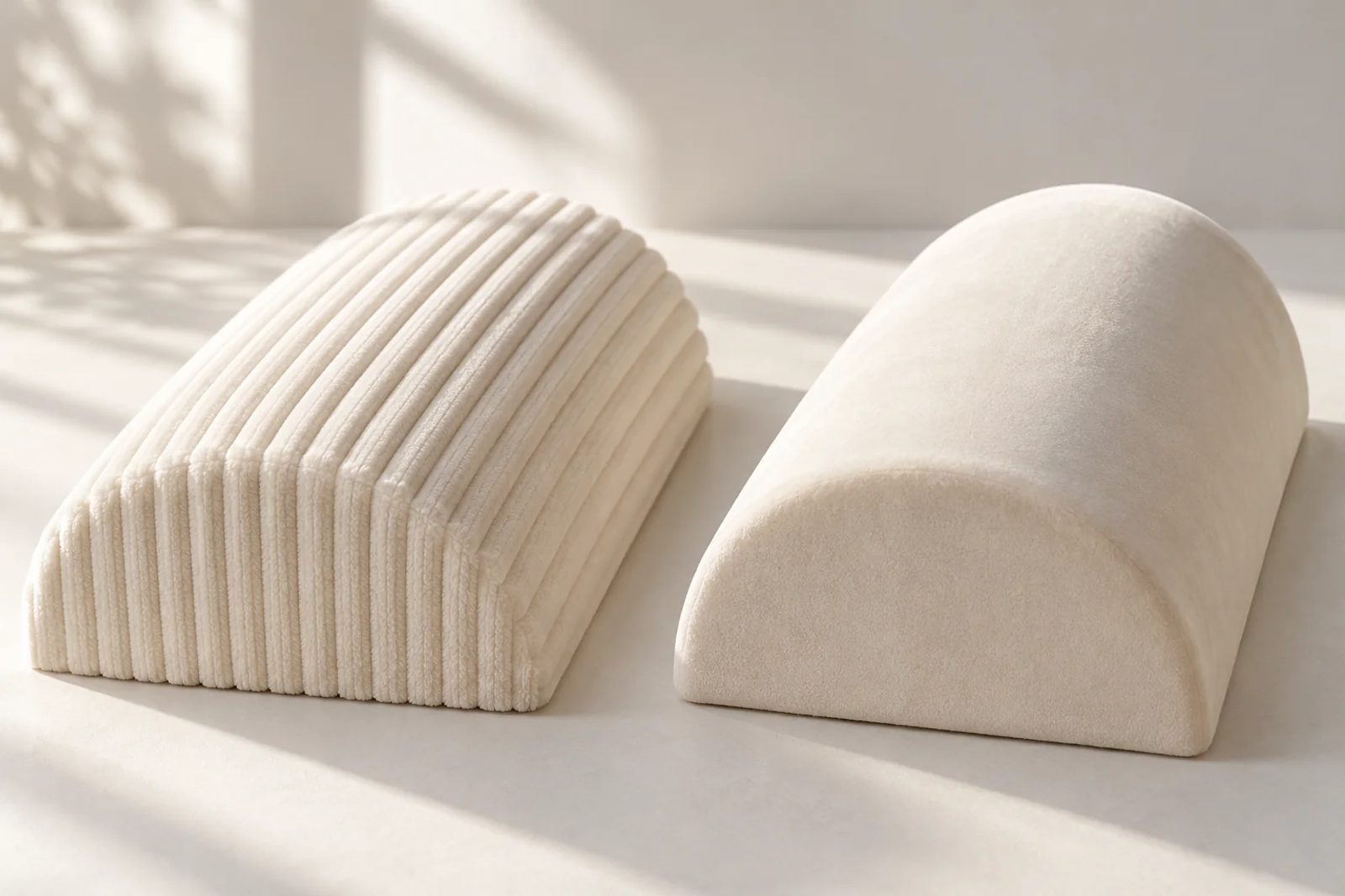 White corduroy and velvet samples follow matching curved supports, showing ribbed lines beside a continuous pile surface.