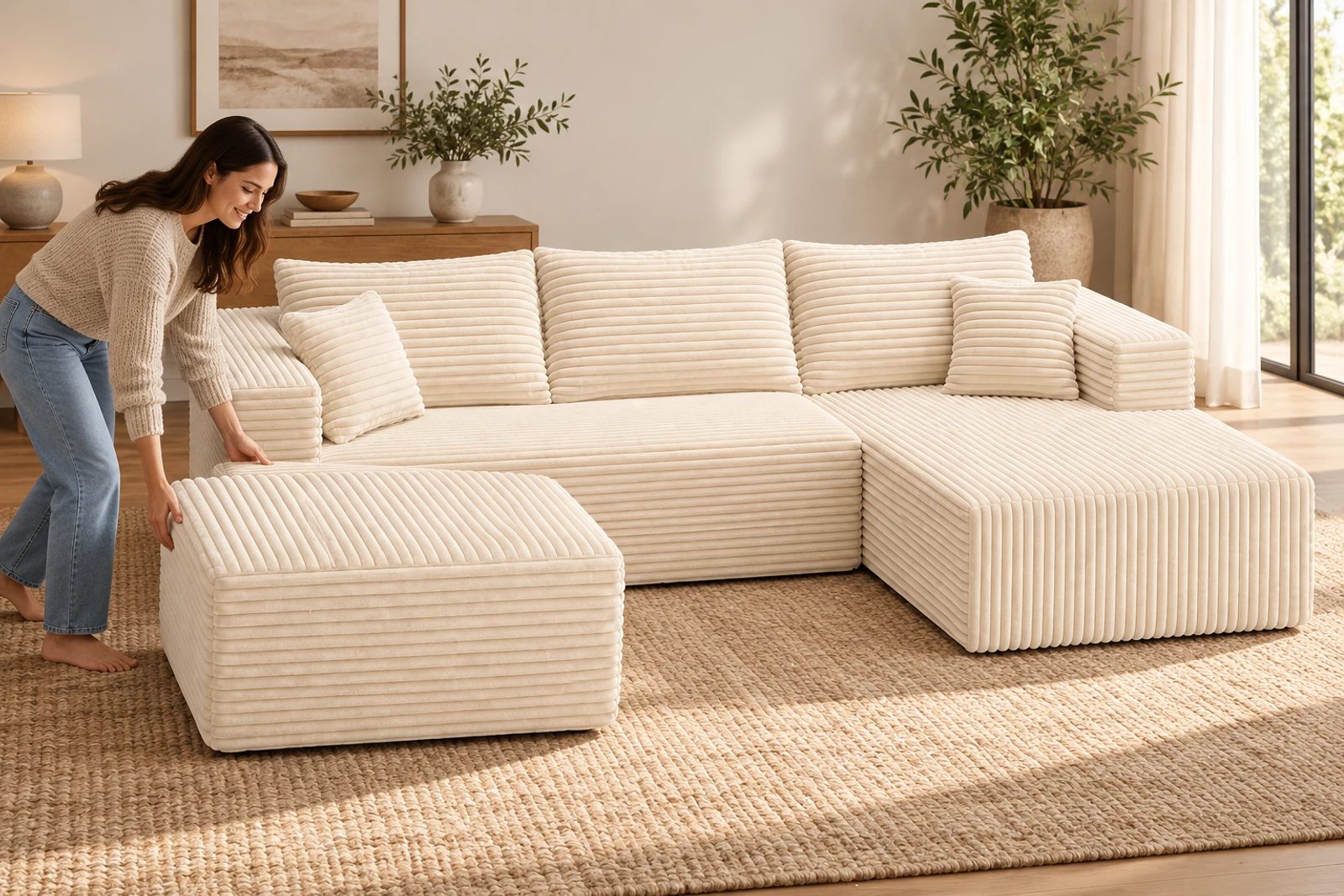 A separate ottoman changes the arrangement without changing the base sectional.