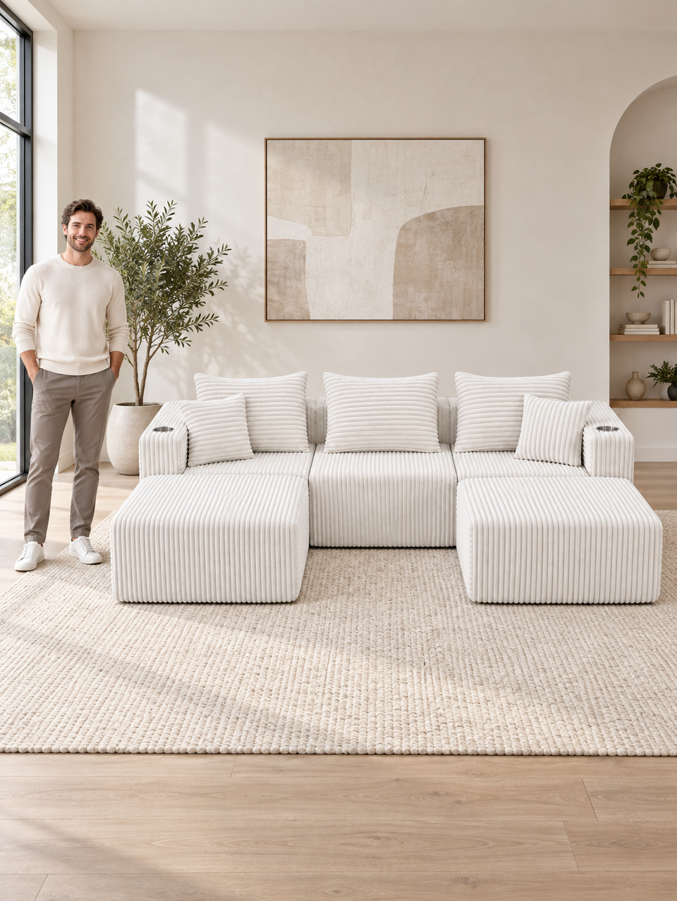 Man standing beside the white Ultione THE BIG UX frameless compressed modular sofa