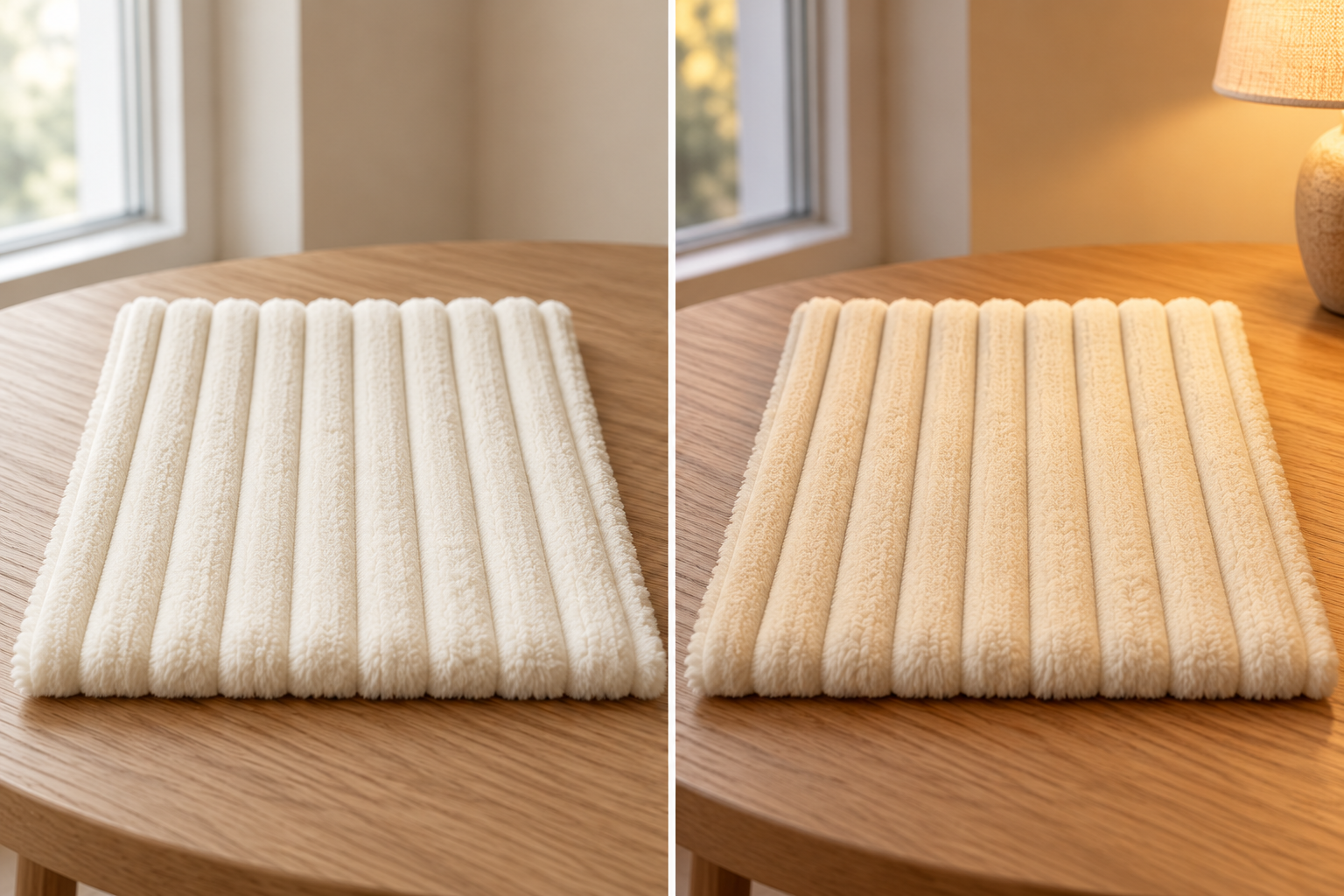 Matching broad-ribbed cream corduroy samples under daylight and warm lamplight