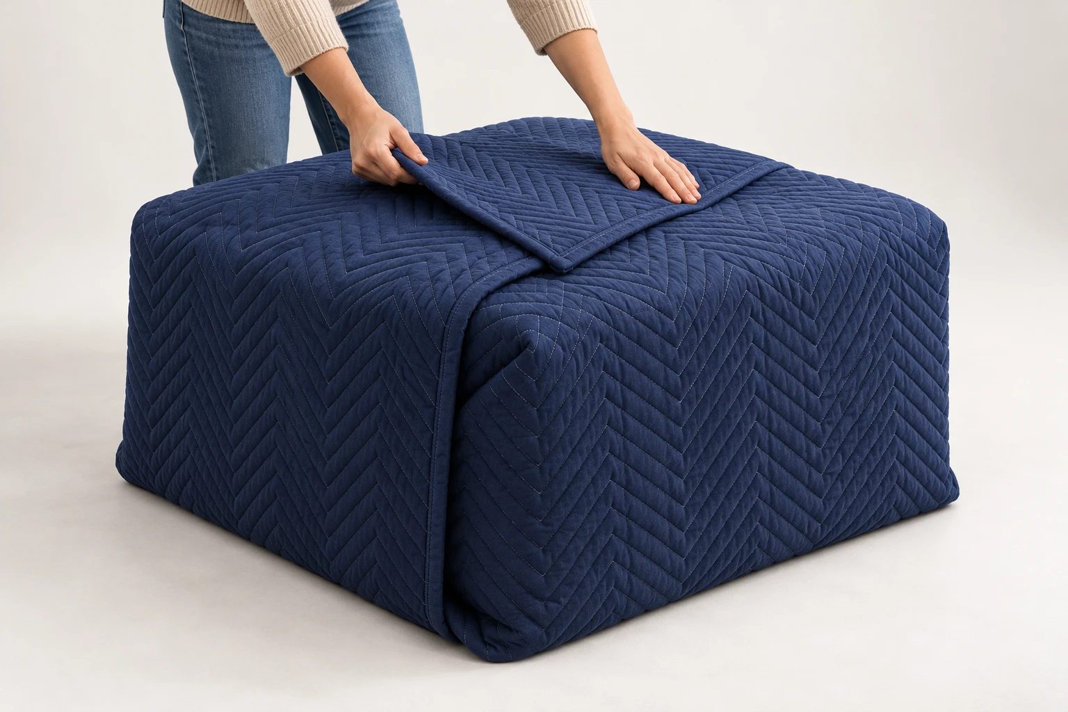 Cover the whole intended moving piece and its corners; fasten only the outer protection, never the upholstery.