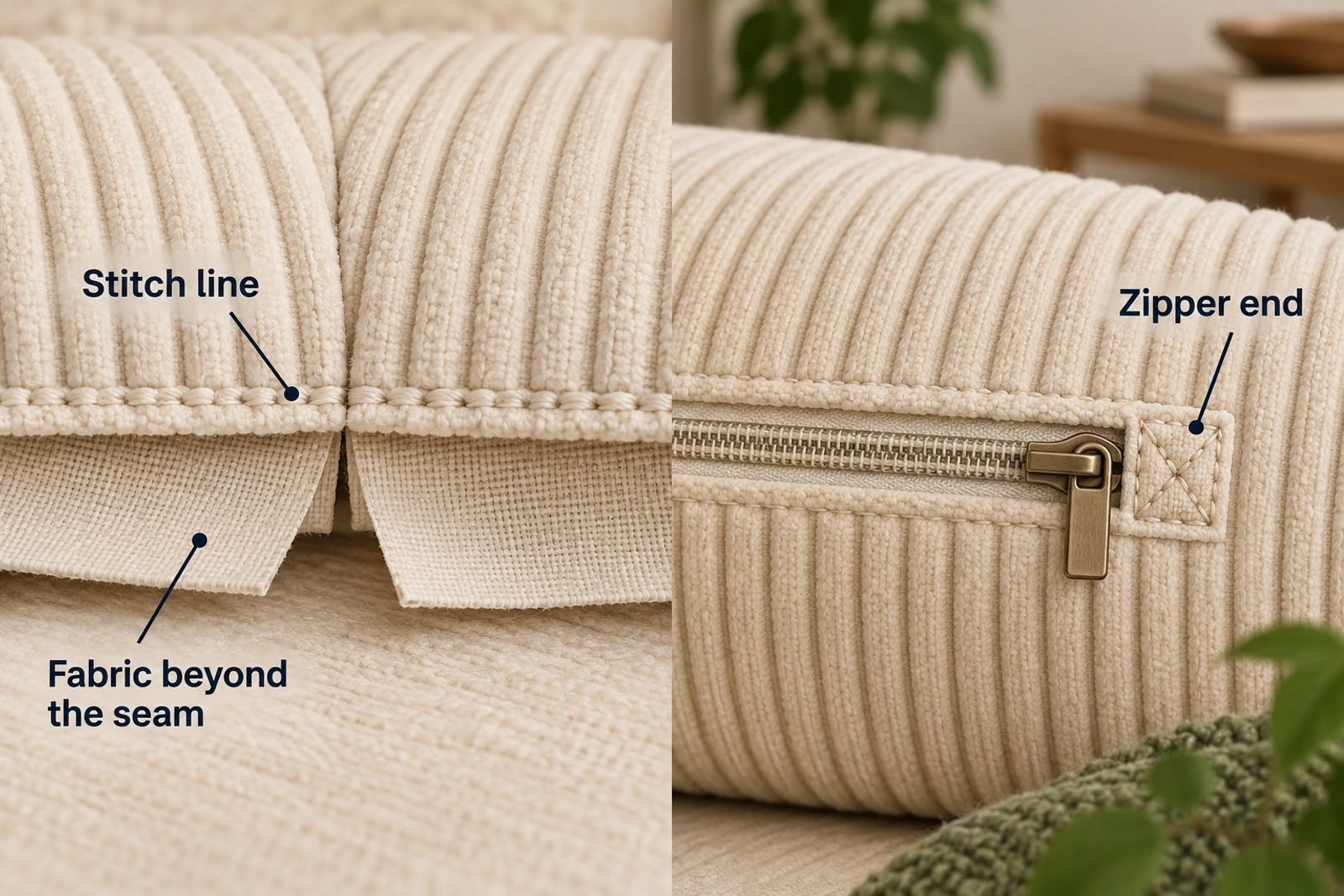 A construction illustration shows a stitch line, fabric beyond a seam and a zipper end as separate inspection details.