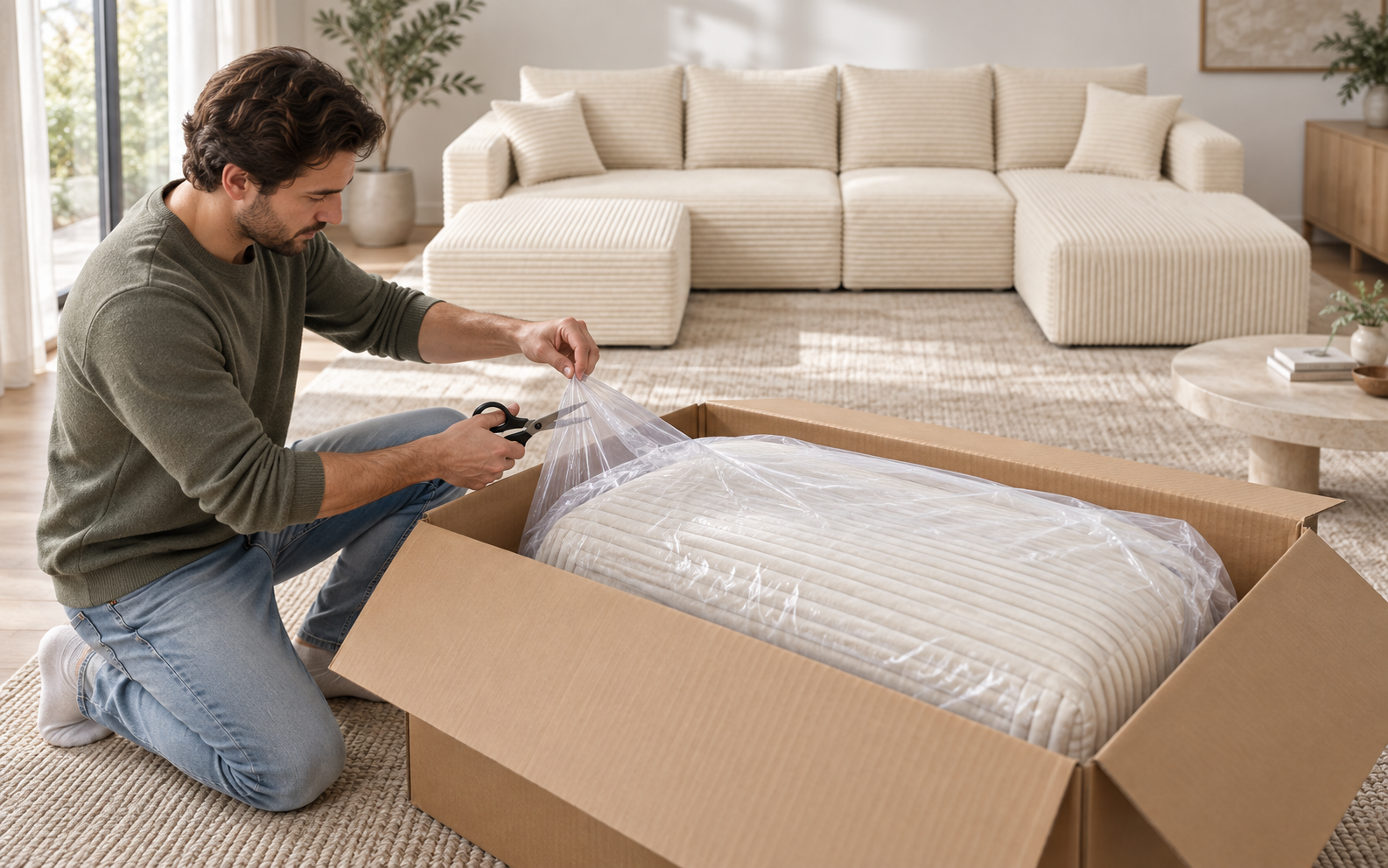 Man cutting only the loose outer plastic around a white Ultione compressed sofa section