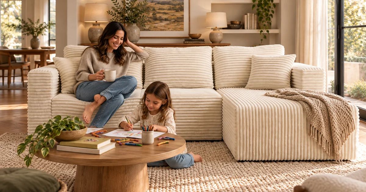 A parent and child use a living room with a cream wide-wale corduroy THE L compressed sofa.