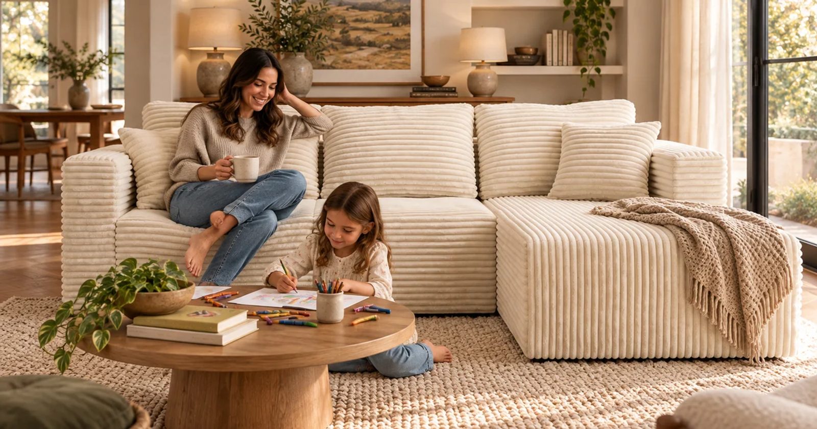 A parent and child use a living room with a cream wide-wale corduroy THE L compressed sofa.