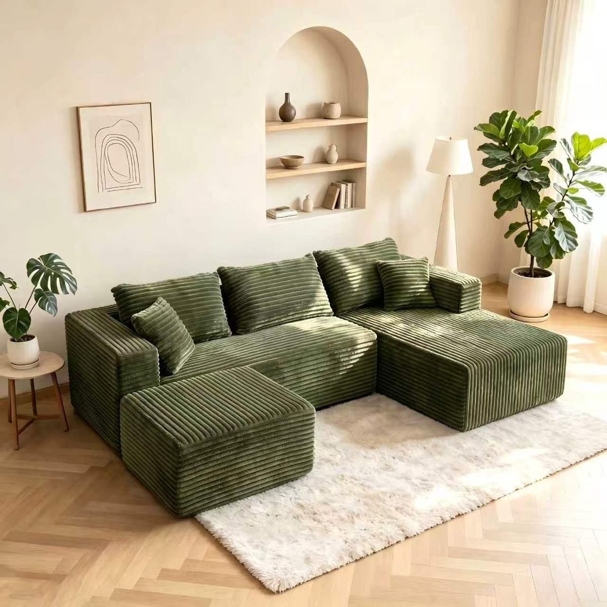 Sage green Ultione The U compressed sofa in bright natural light
