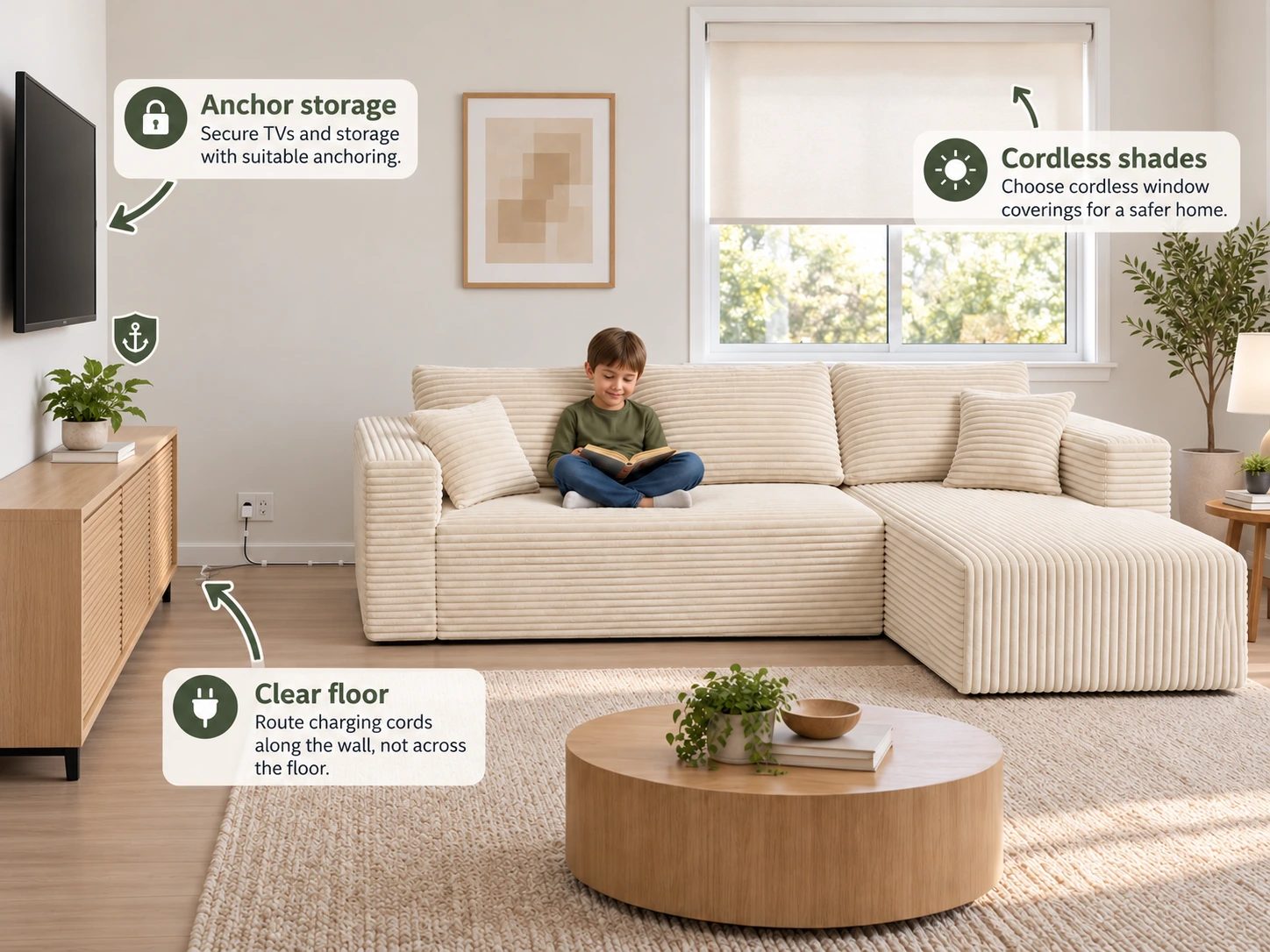 An explanatory room diagram highlights anchored storage, cordless shades and a floor kept clear of equipment cables.