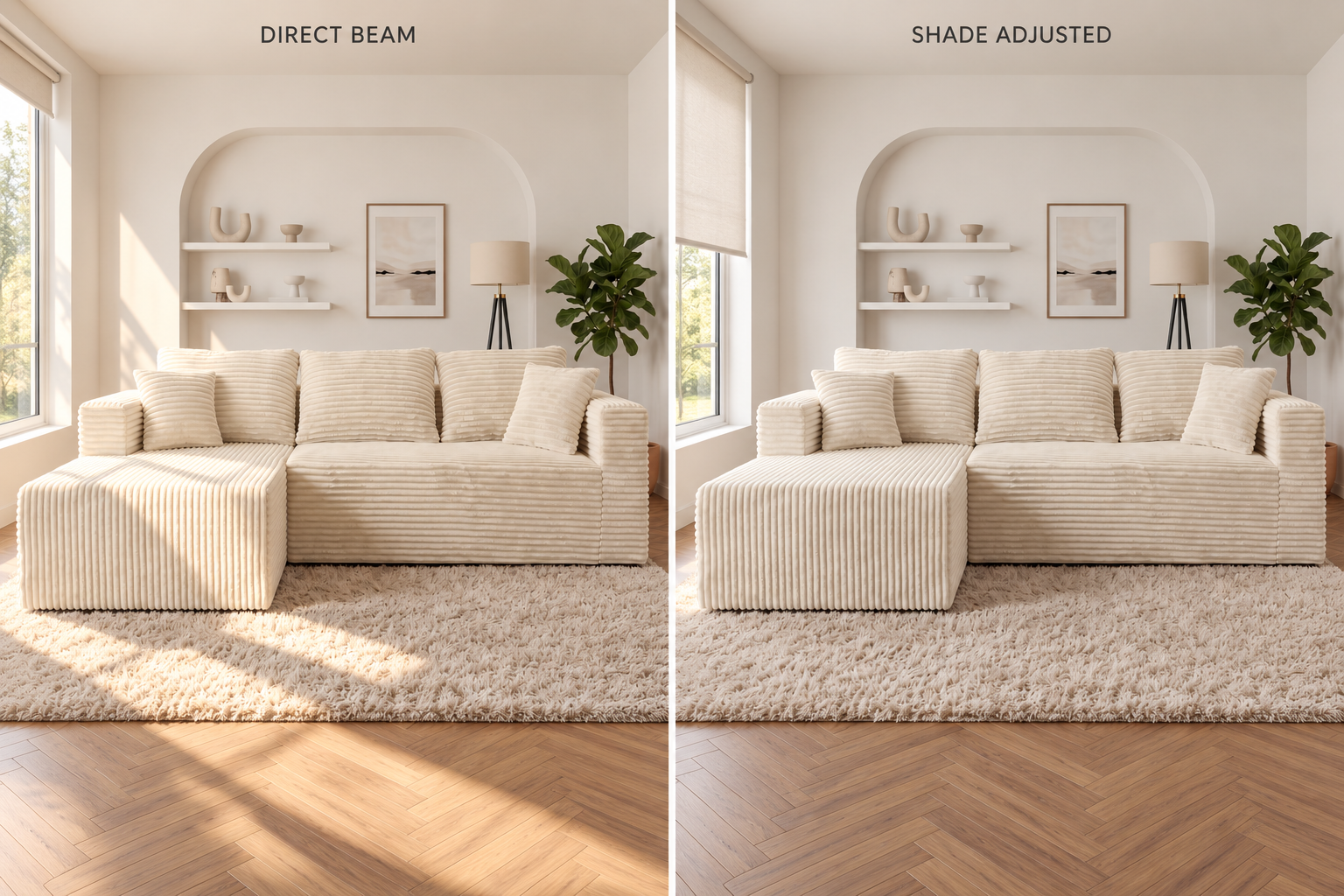 The same cream corduroy L-shaped sofa in direct window light and with a roller shade lowered to block the direct beam.