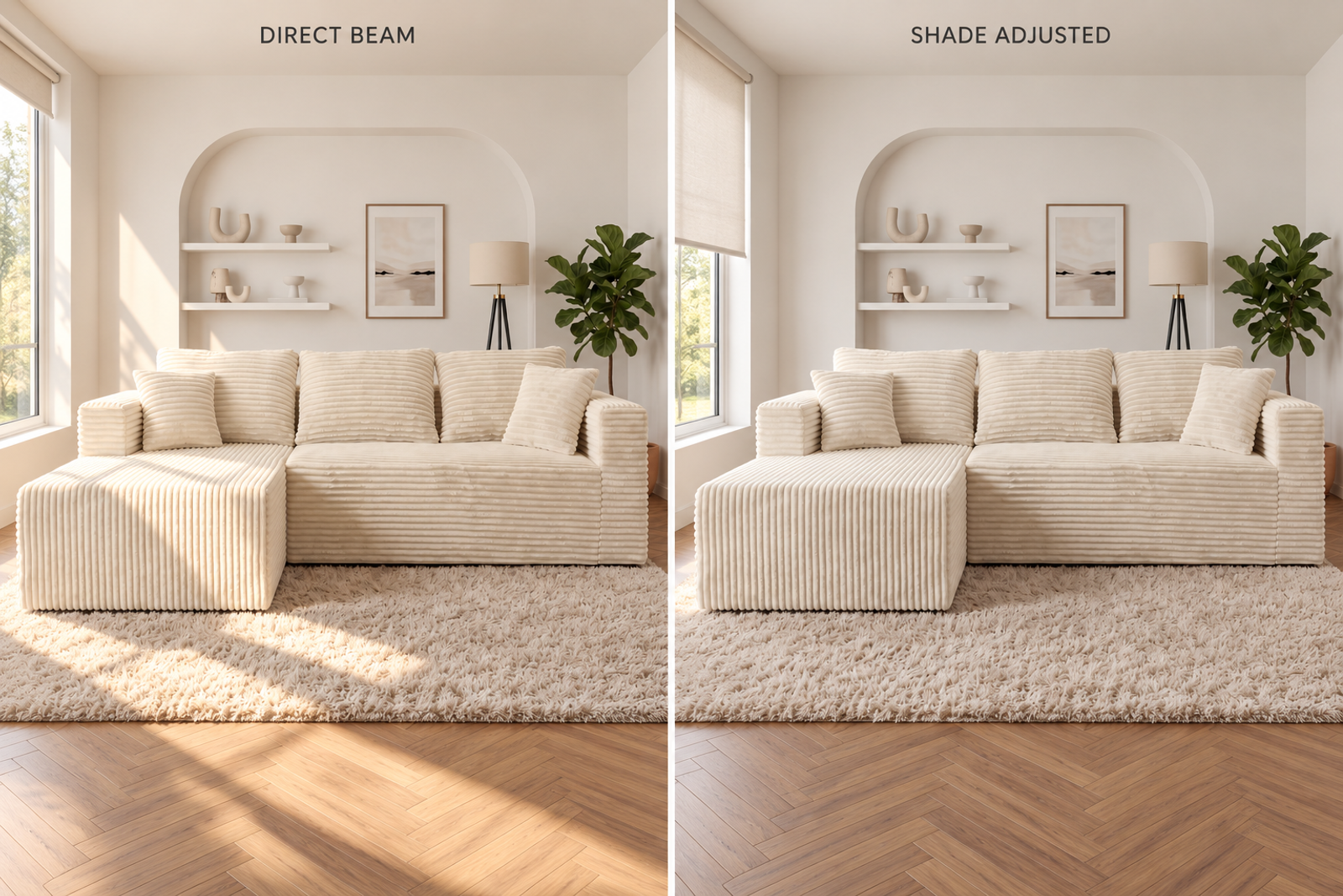 The same cream corduroy L-shaped sofa in direct window light and with a roller shade lowered to block the direct beam.