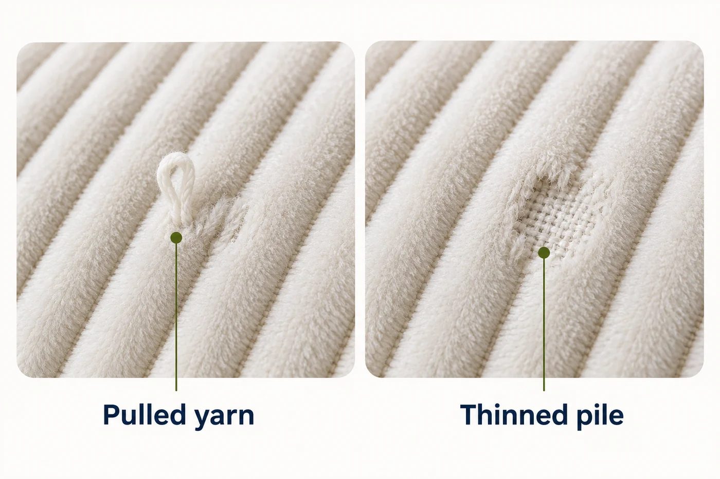 Illustration distinguishing a pulled yarn from reduced pile coverage on cream ribbed upholstery