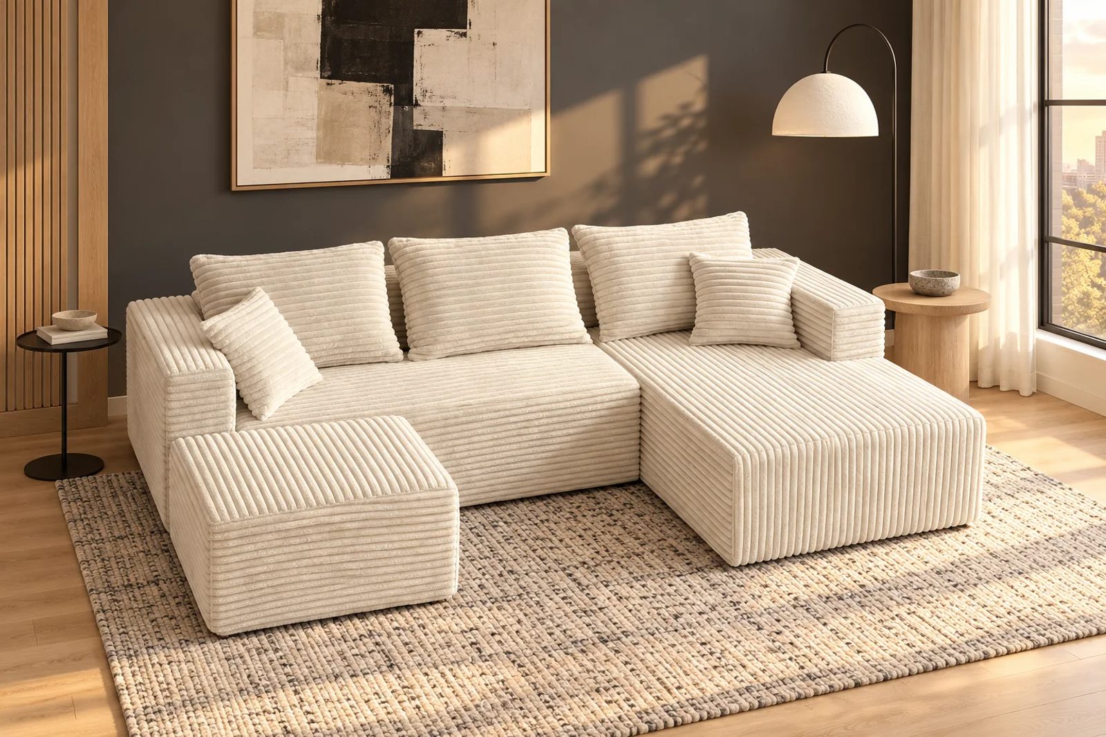 Cream White ULTI ONE THE U compressed sofa with its separate ottoman, light oak furniture, charcoal details and a cream-and-charcoal rug.