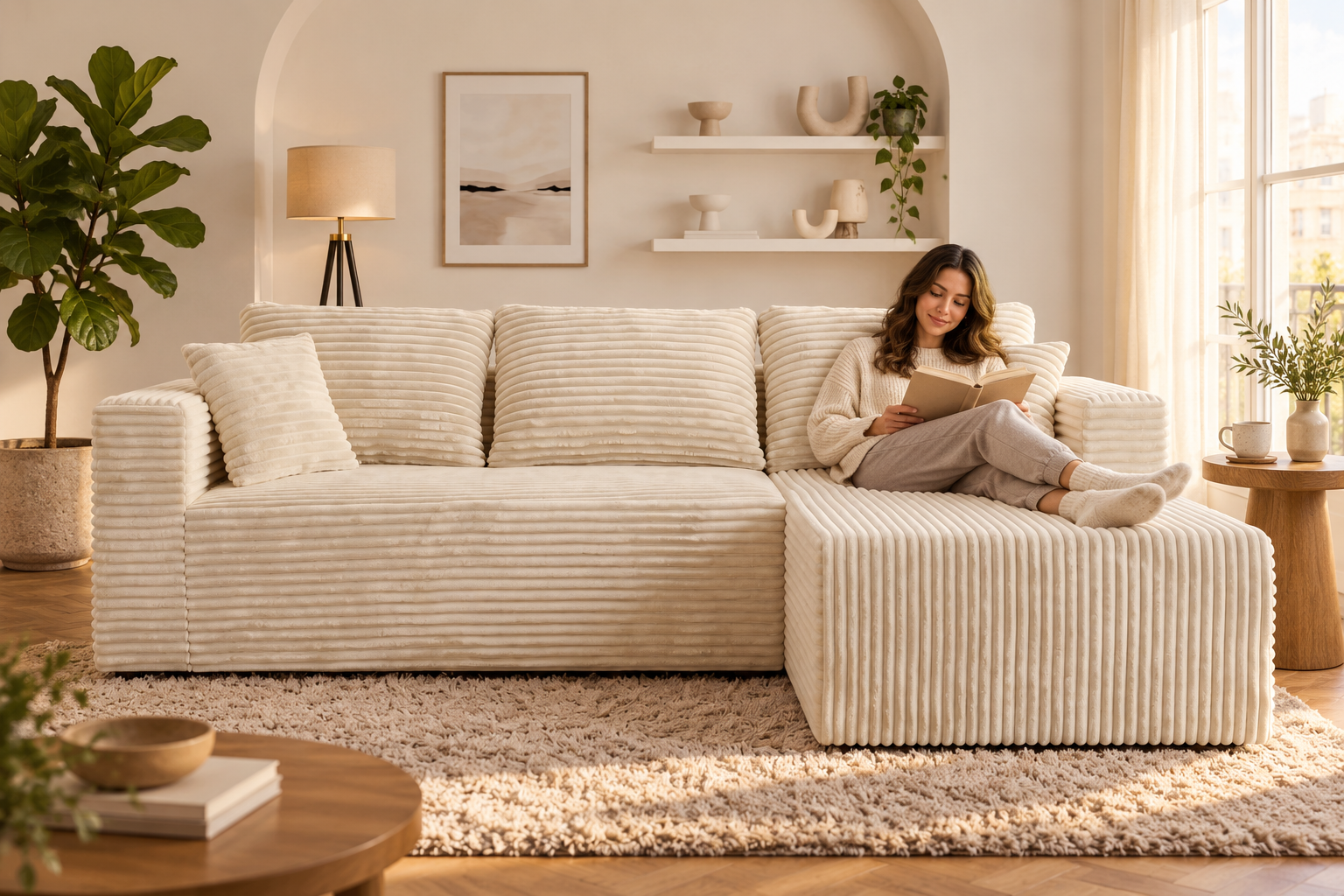 A reader resting with her legs along the chaise of a cream-white wide-wale corduroy sofa.
