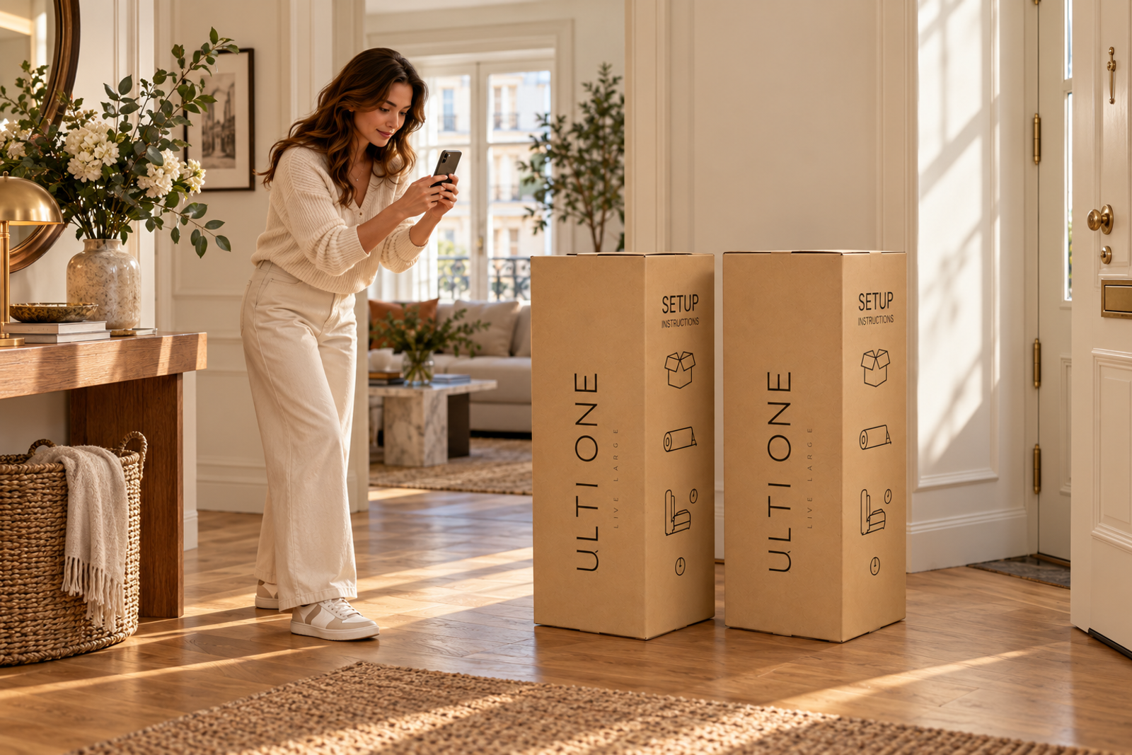 Woman photographing two tall ULTI ONE cartons at an apartment entrance.
