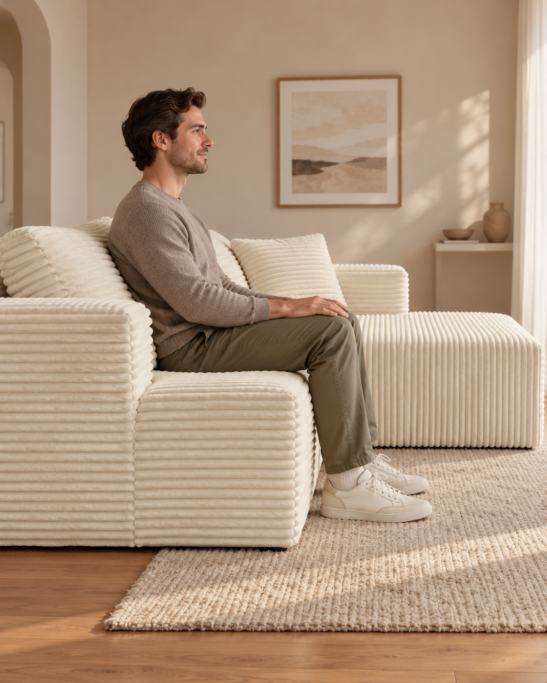 A man sitting upright on a cream-white compressed sofa, viewed from the side.