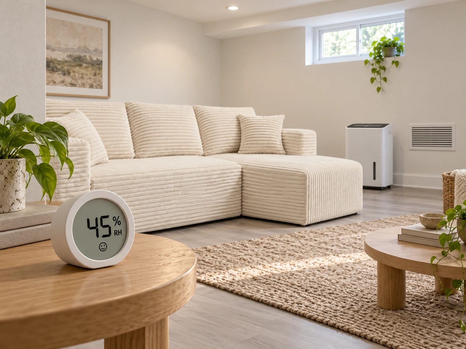 A finished basement illustration shows a hygrometer reading 45% RH, a dehumidifier and an unobstructed wall vent.