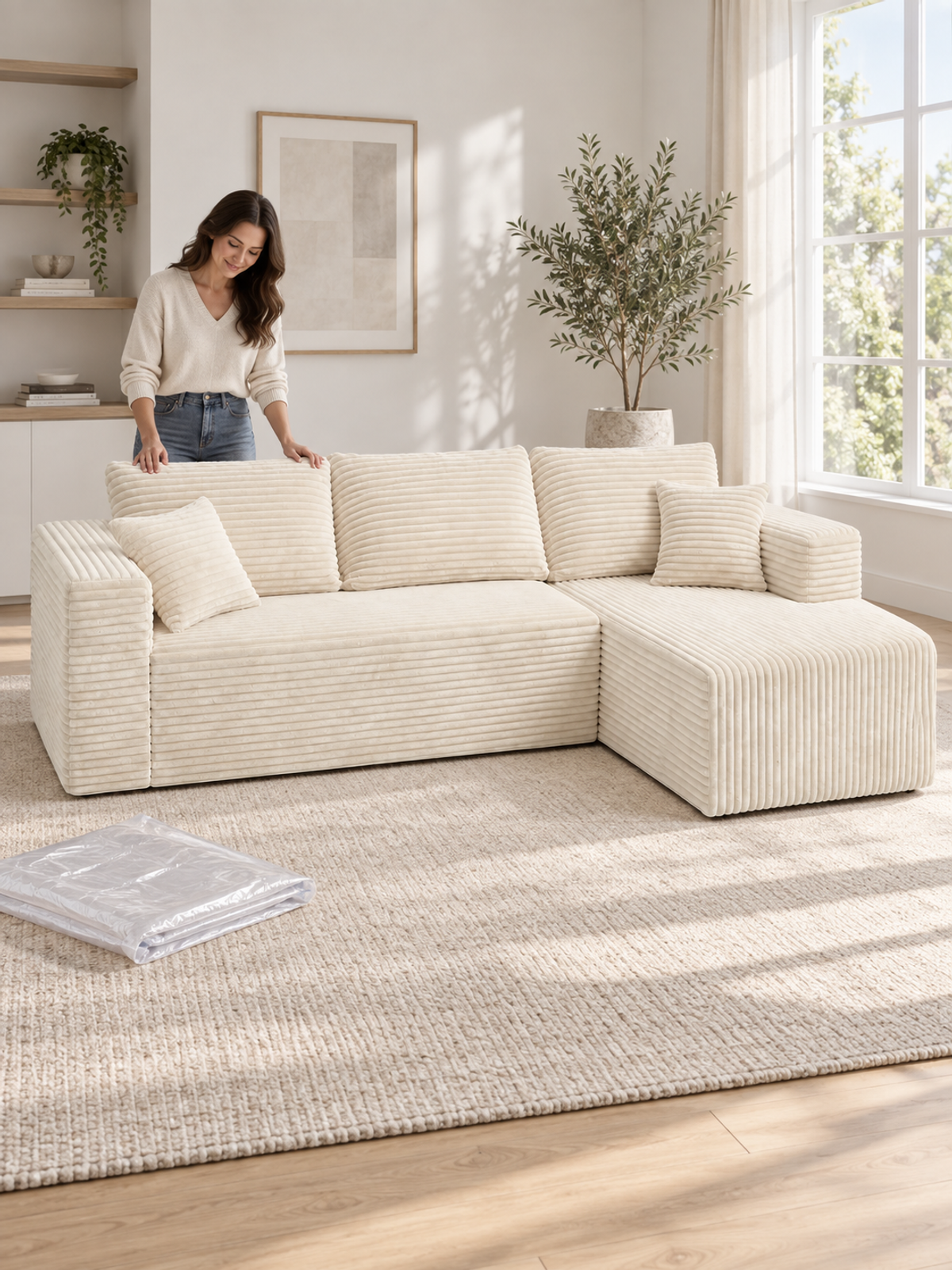 Woman checking a fully recovered white Ultione The L compressed sofa after unpacking