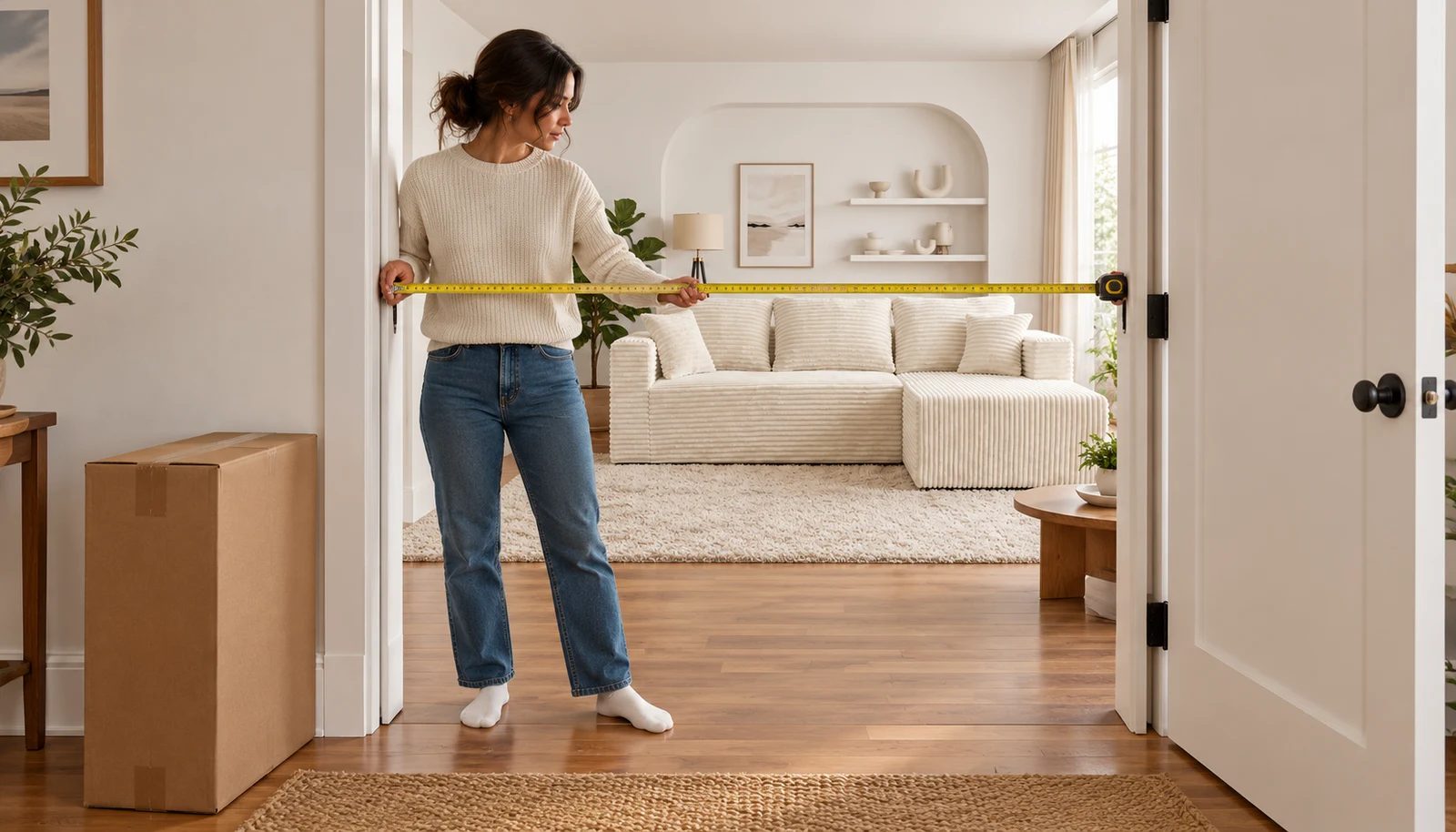 An adult checks a doorway beside a compact delivery carton before planning sofa handling.