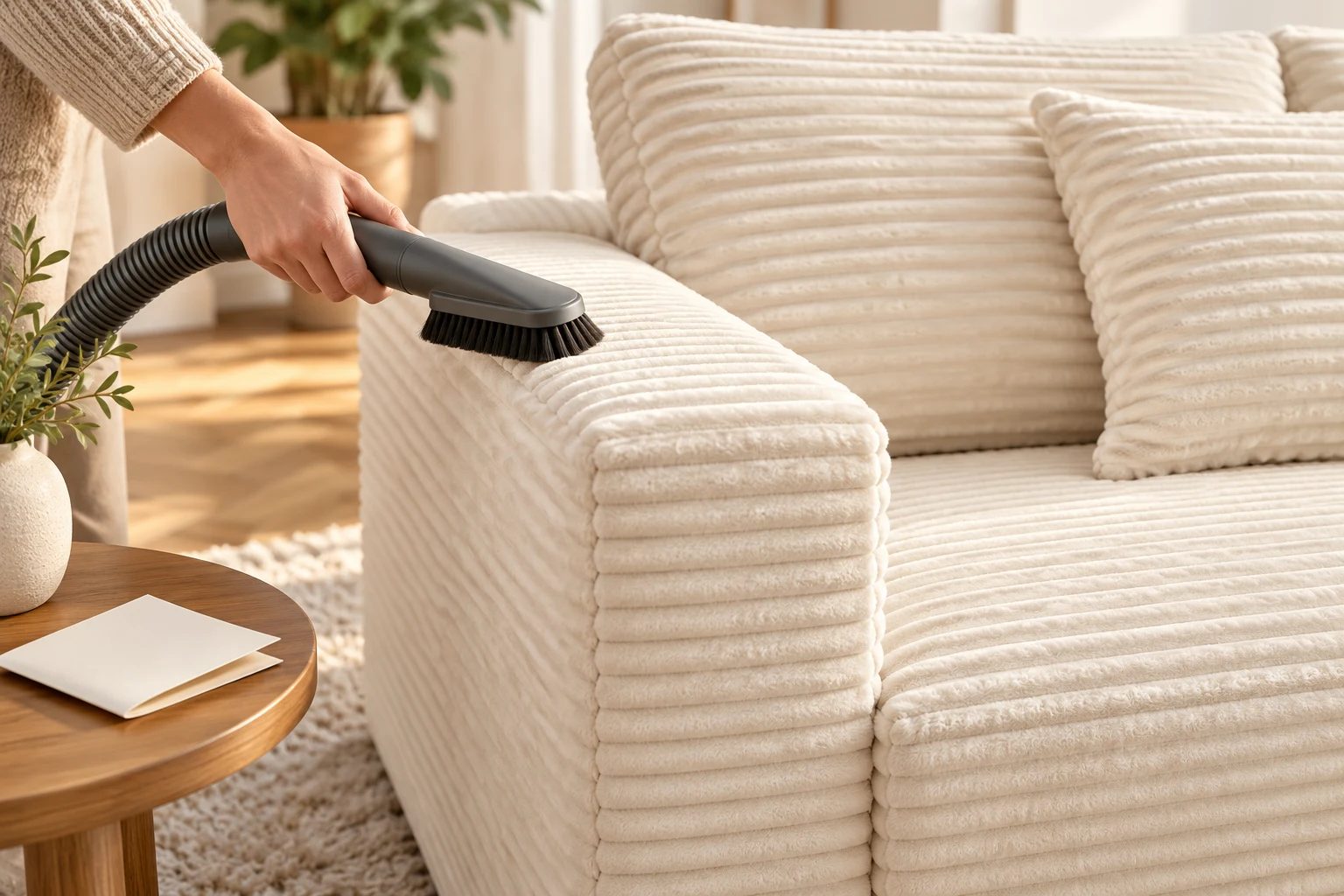 A hand uses a soft upholstery brush along the broad corduroy ribs of a square sofa arm.
