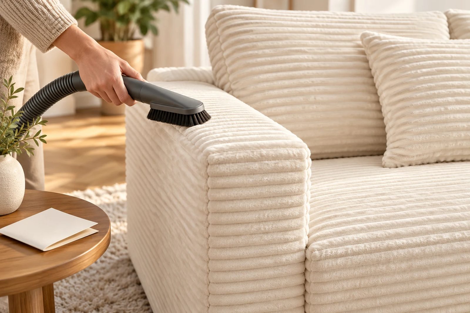 A hand uses a soft upholstery brush along the broad corduroy ribs of a square sofa arm.