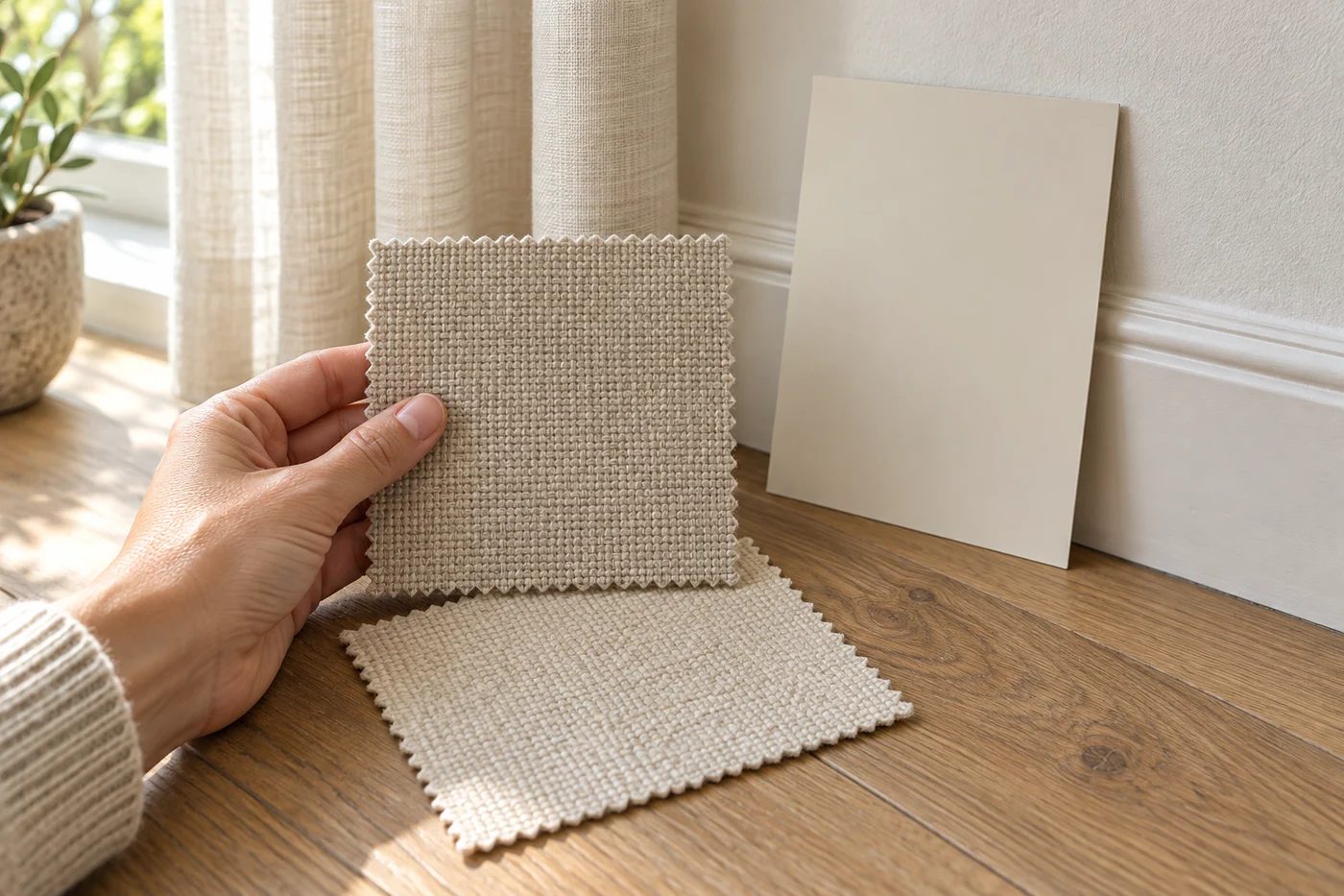 Fabric samples compared beside oak flooring and an upright wall-color sample.