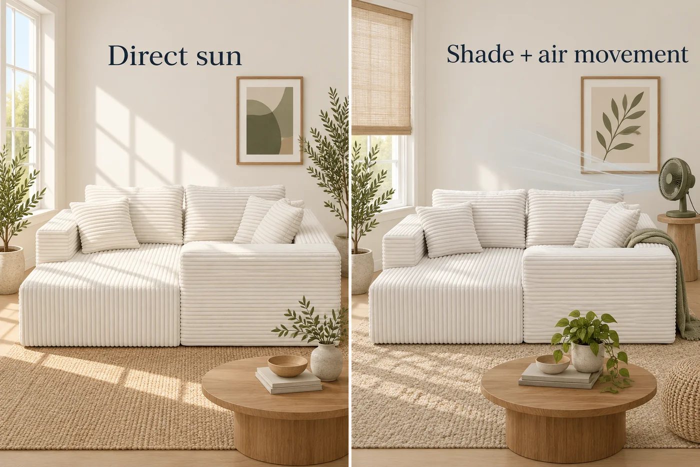 Illustration comparing direct sunlight with shade and ordinary room air movement