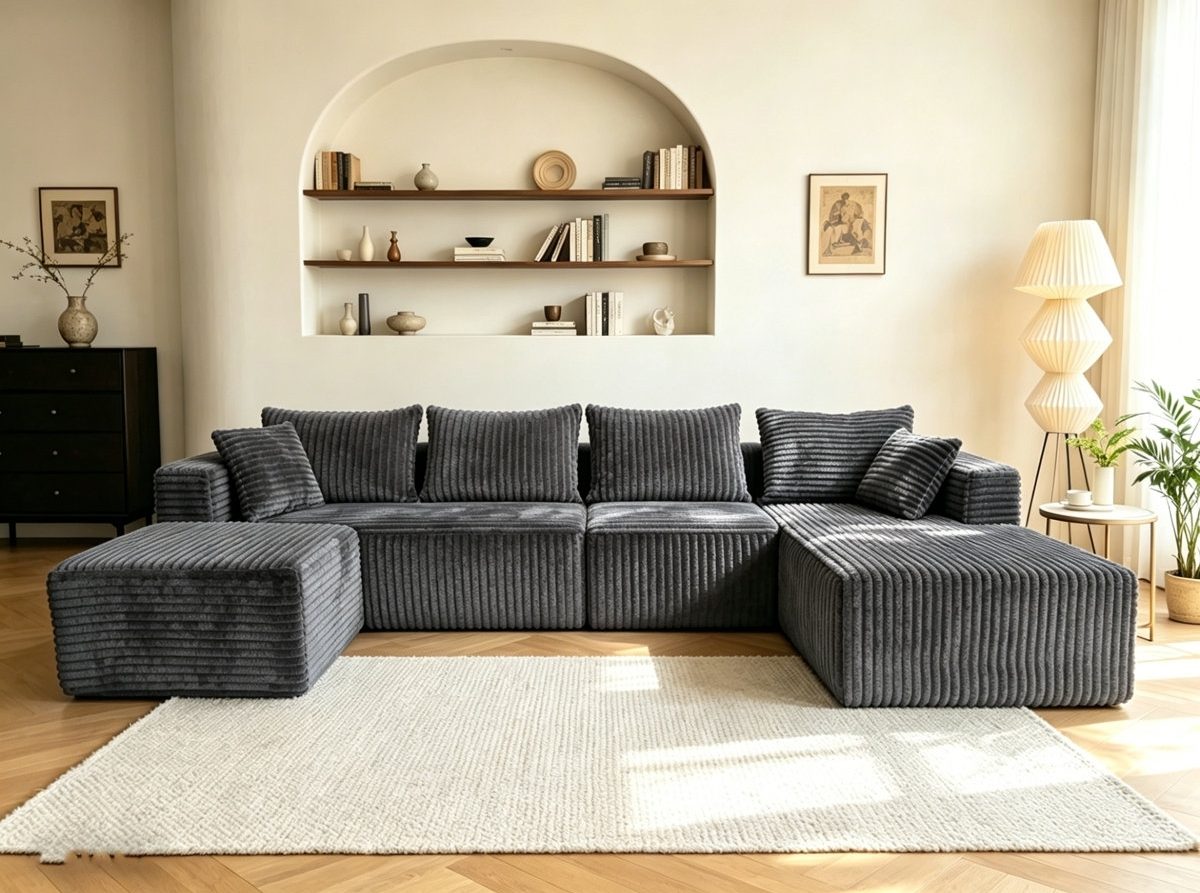 Dark corduroy Ultione The Big U compressed sofa with two front extensions
