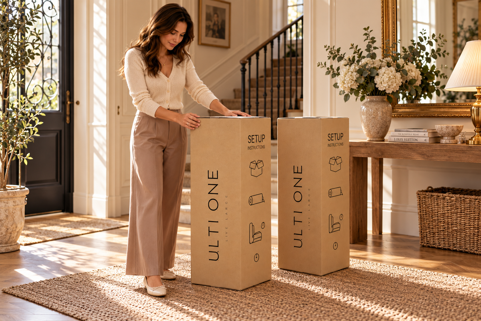 Woman checking the top seam of tall kraft ULTI ONE cartons.