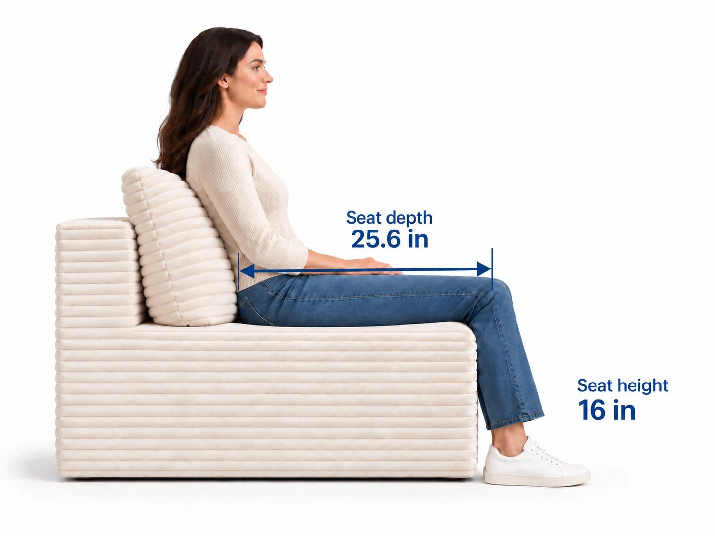 A side-view illustration labels THE L’s 25.6-inch seat depth and 16-inch seat height beside an upright adult.