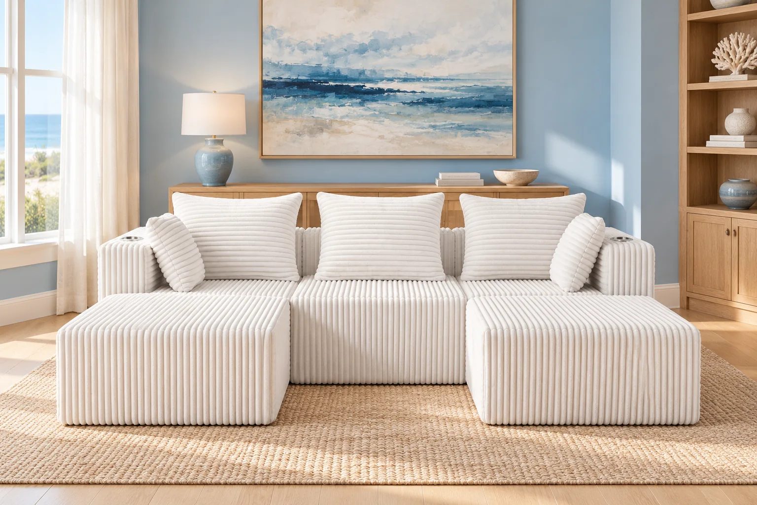 Cream White ULTI ONE THE BIG UX compressed sofa with its symmetric layout and two ottomans, natural oak furniture, dusty blue accents and an ivory curtain backdrop.