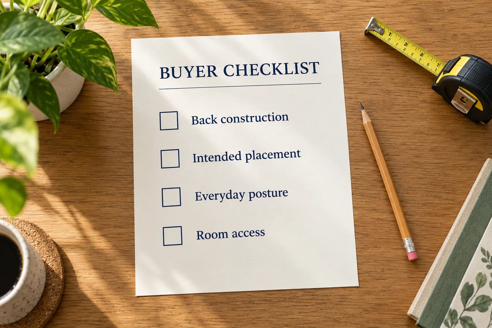 A placement checklist separates back construction, intended setup, daily posture and room access.