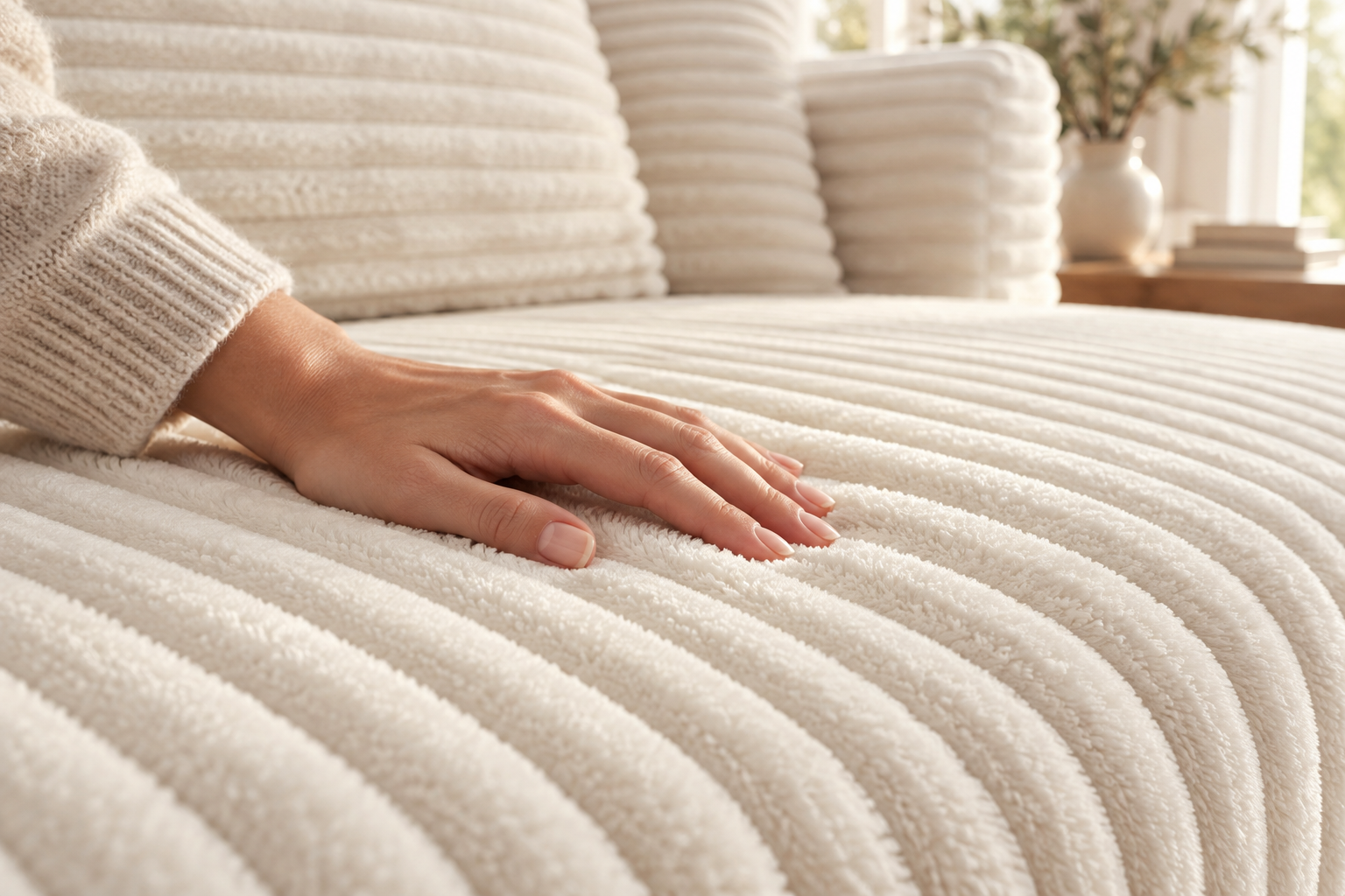 Hand feeling cream-white wide-wale corduroy on a sofa seat.