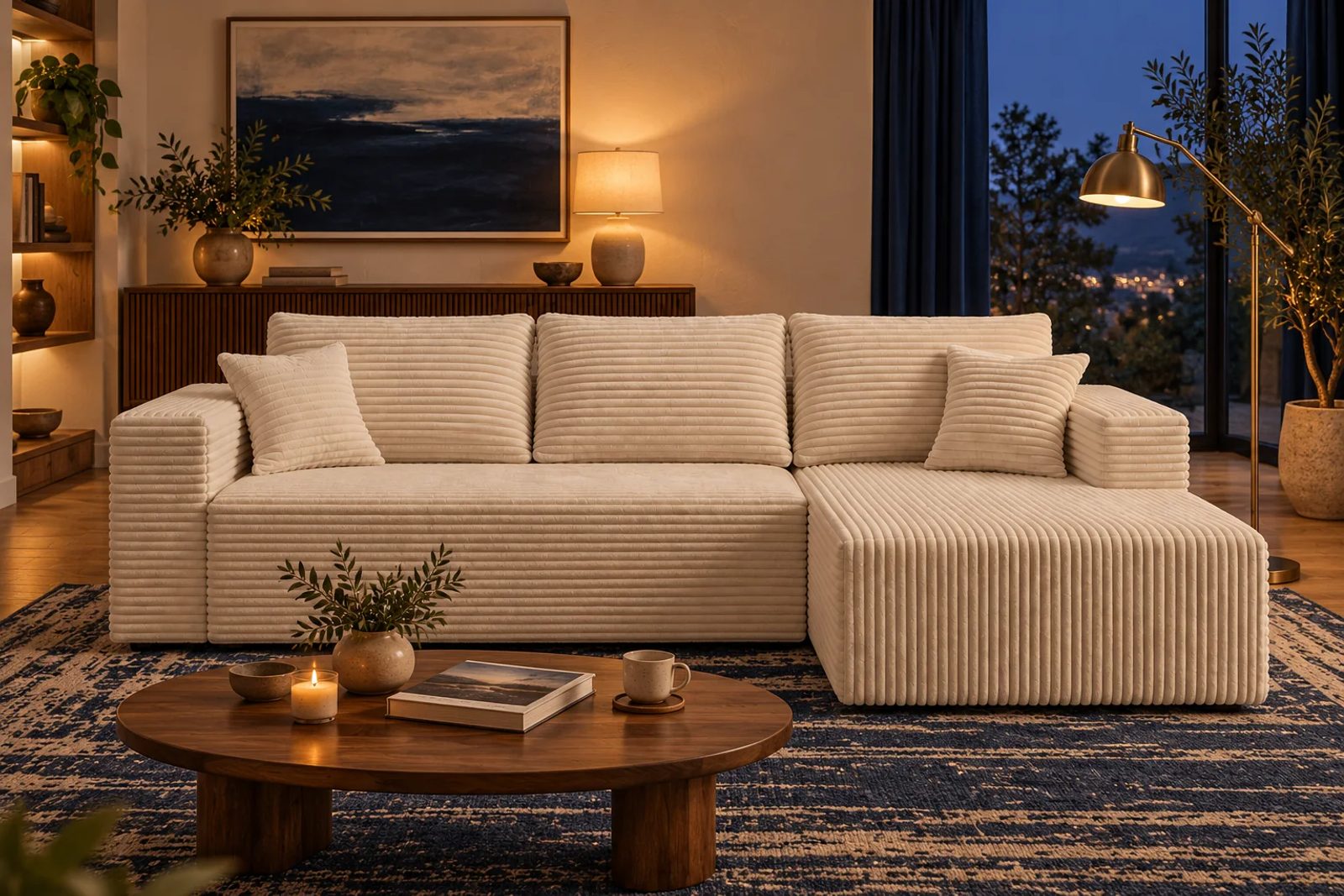 Cream White ULTI ONE THE L compressed sofa beside walnut furniture, navy accents and a faded blue-and-ivory rug.