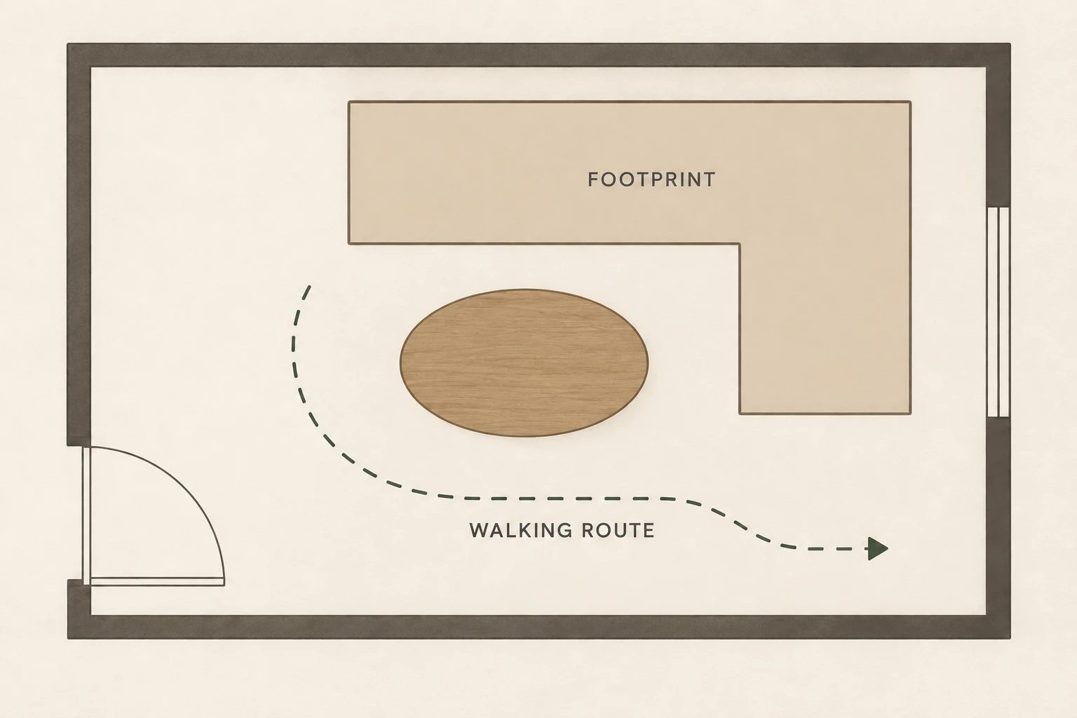 Mock up the table and approach together with the sofa footprint.