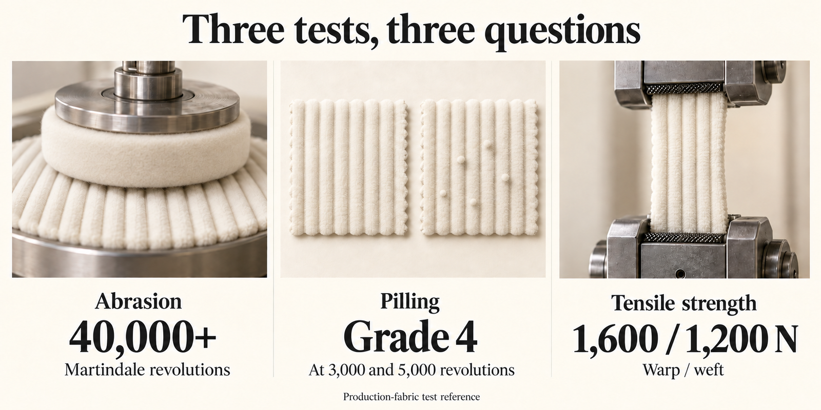Illustration of abrasion, pilling and tensile tests with the separate production-fabric reference results