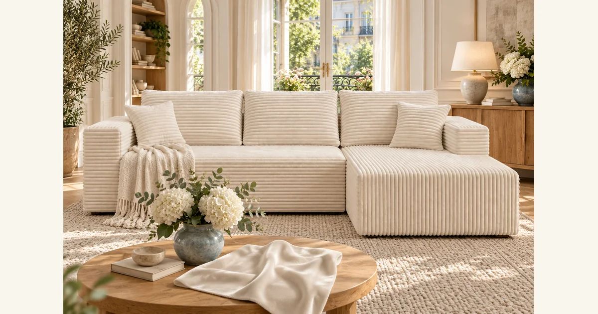 Cream White wide-wale corduroy on THE L compressed sofa is compared with a separate smooth velvet fabric sample.