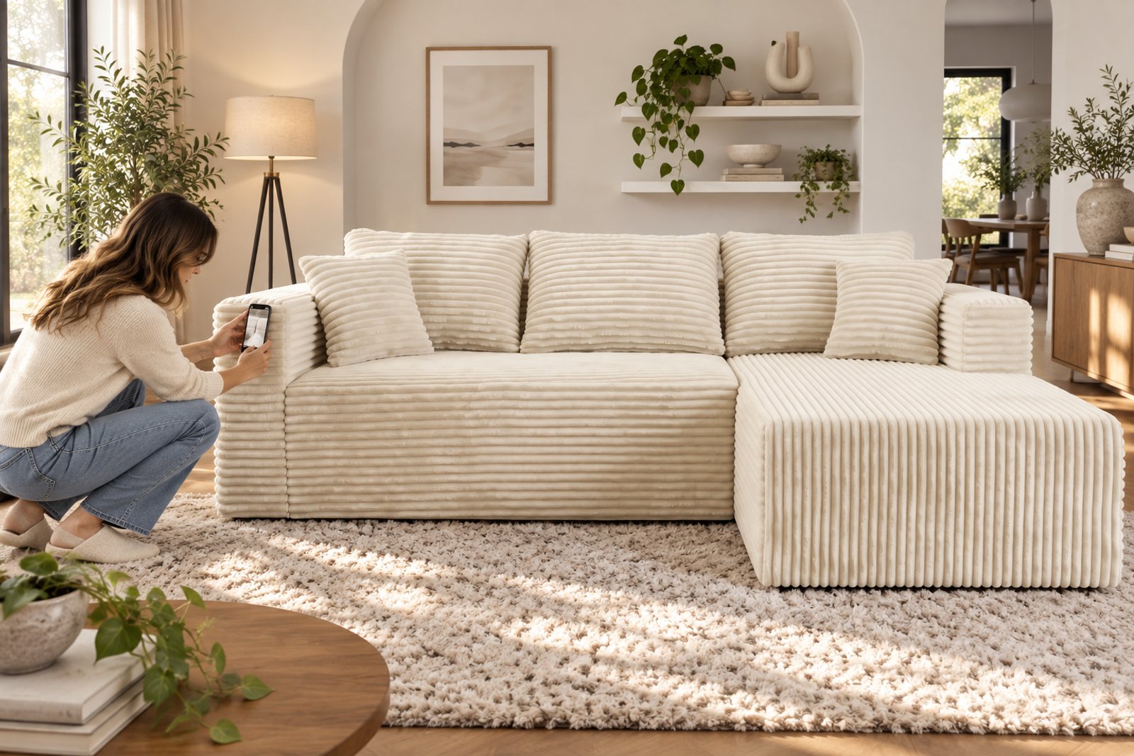 Woman photographing the arm and seat area of a cream-white corduroy sectional.