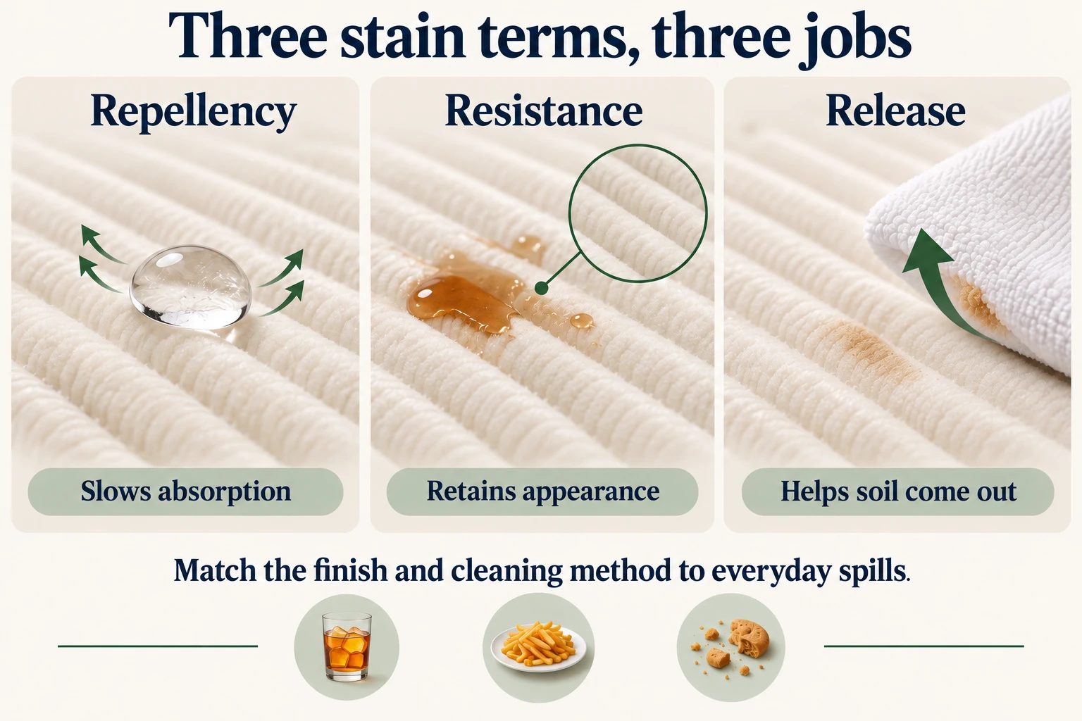 Illustrated finish terms distinguish slowed absorption, retained appearance and soil removal during cleaning.