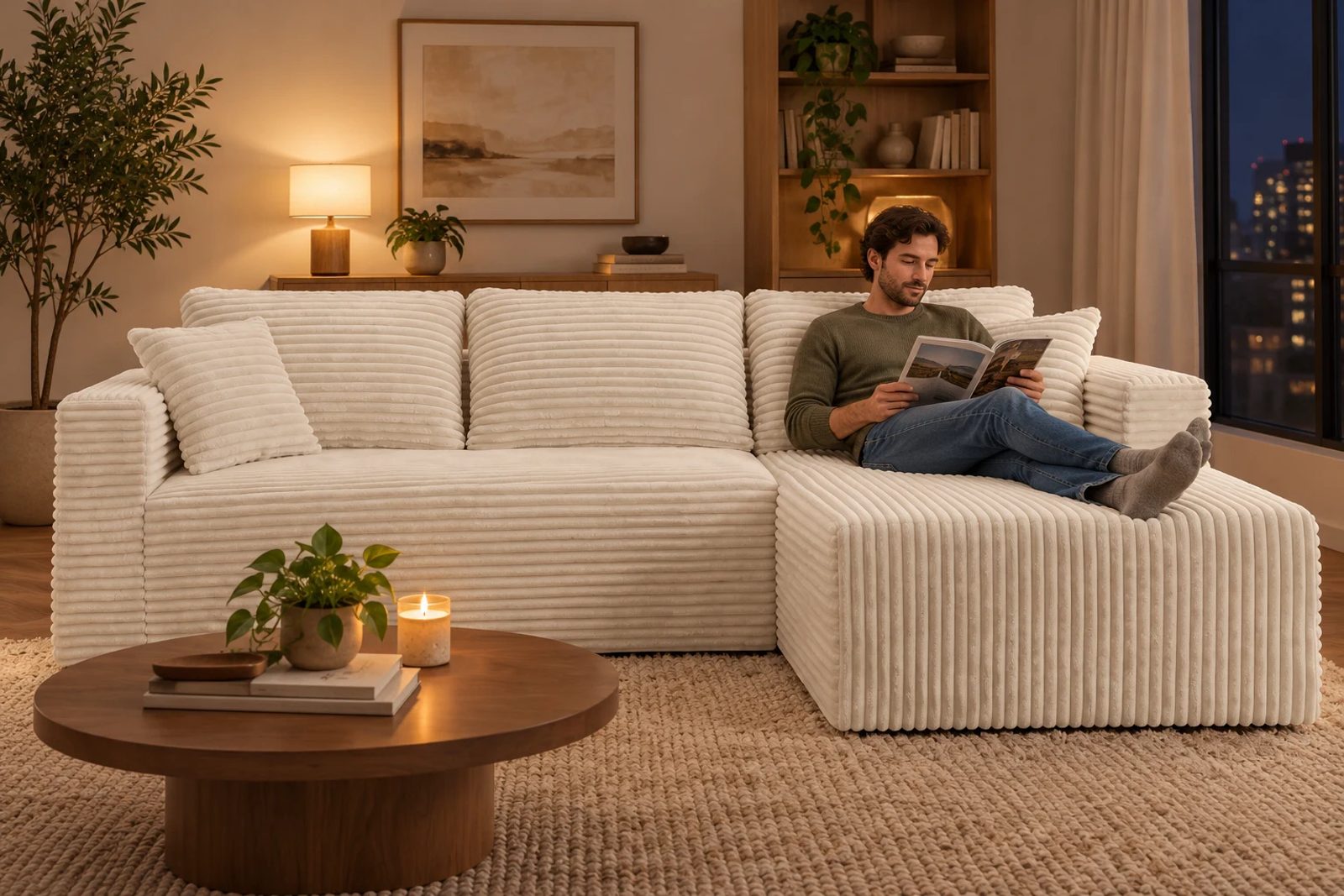 An adult stretches out along the right chaise of a cream corduroy L-shaped compressed sofa.