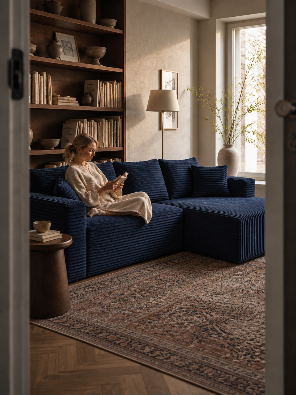Editorial scene of a woman reading on a navy The L compressed sofa with one chaise in a book-lined room.