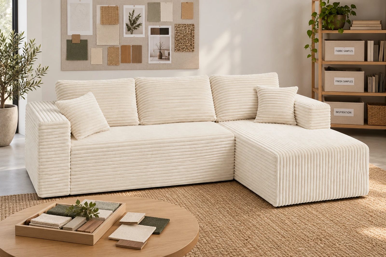 Give review materials a storage destination so the sofa stays available for discussion.