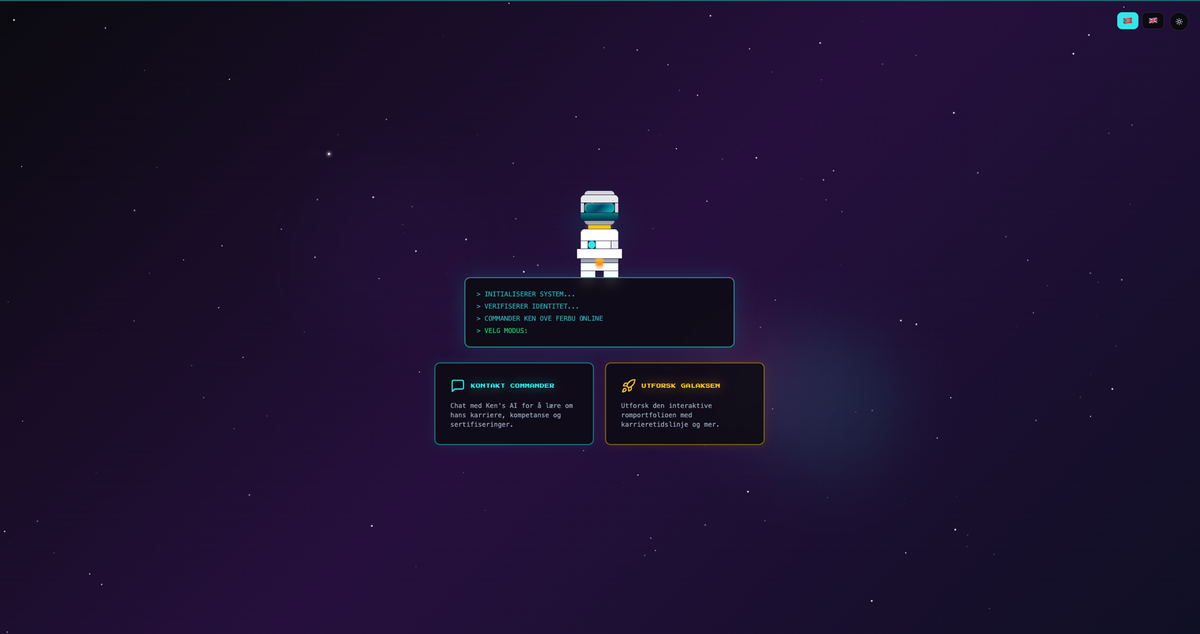 The LCARS landing page of kenove-cv.lovable.app: astronaut figure, boot-sequence terminal output reading "Commander Ken Ove Ferbu online," and two mode selection cards inviting the visitor to chat with Ken's AI or explore the galaxy.