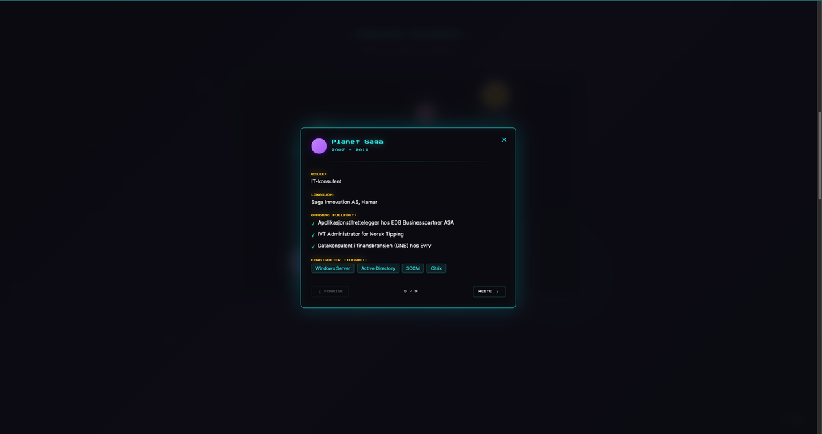 A career planet modal from the old site: Planet Saga, 2007 to 2011, IT consultant role at Saga Innovation AS in Hamar, with mission accomplishments and skills acquired listed in LCARS style.