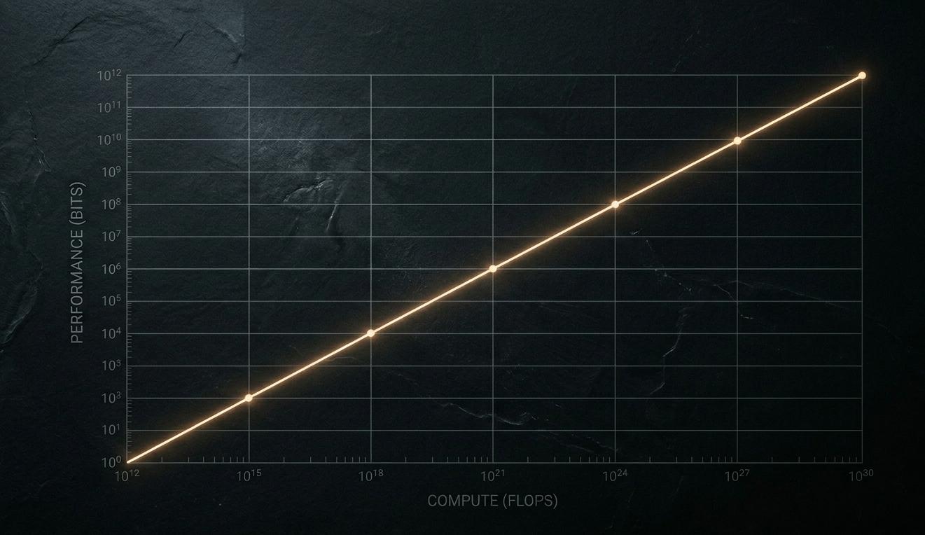 Log-log chart showing a perfect linear relationship between compute in FLOPS (x-axis, 10^12 to 10^30) and AI performance in bits (y-axis, 10^0 to 10^12), illustrating the empirical regularity of neural scaling laws across eighteen orders of magnitude of compute