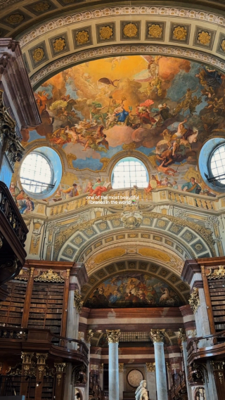Baroque library shelves and a frescoed dome.