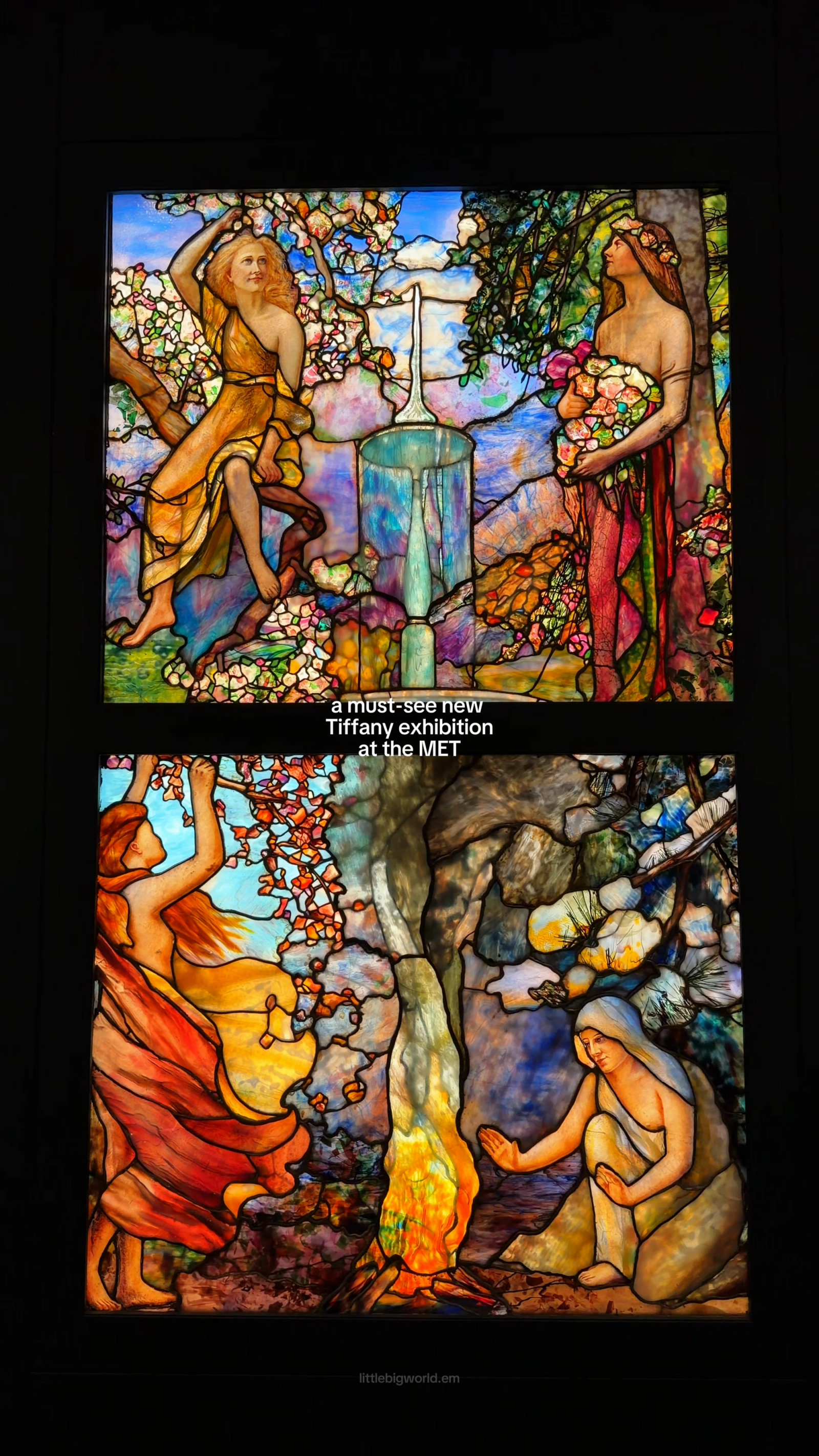 Figures and jewel colors in a Tiffany stained-glass window at The Met.
