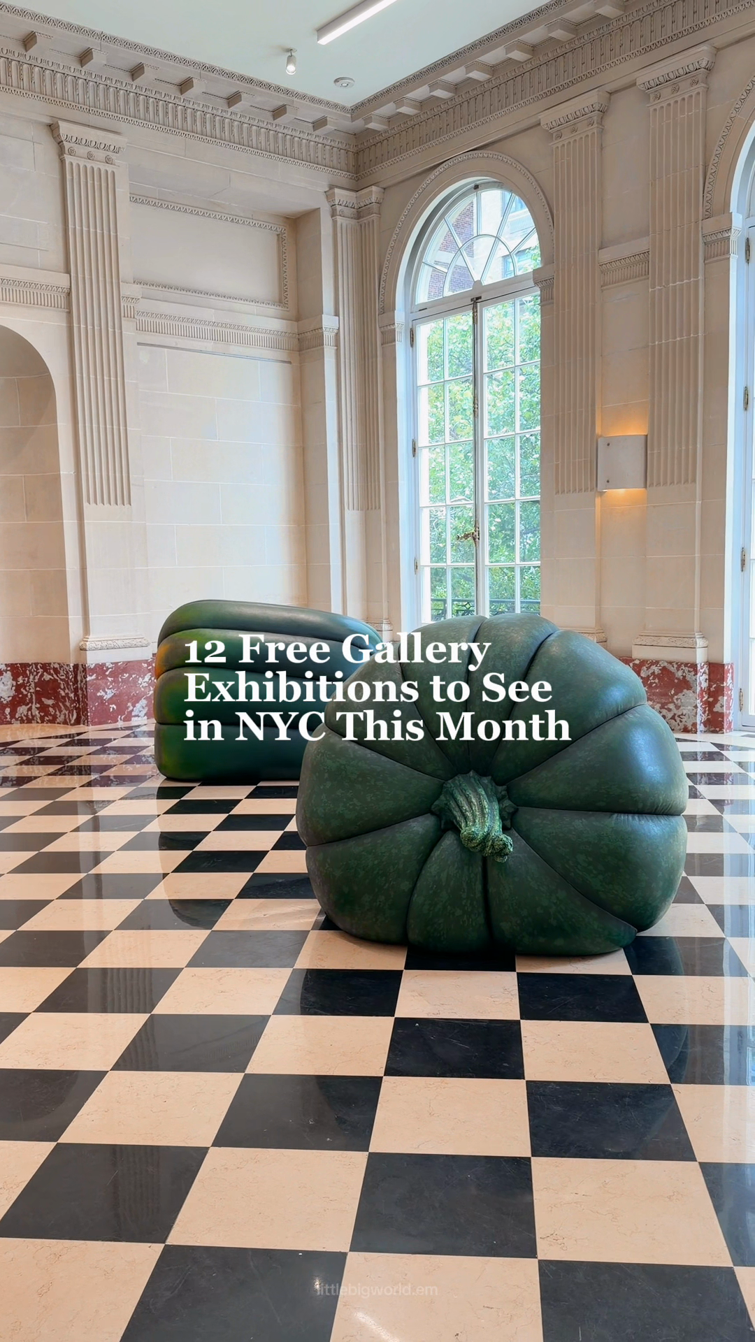 A sculptural green chair in a bright gallery with a black-and-white floor.