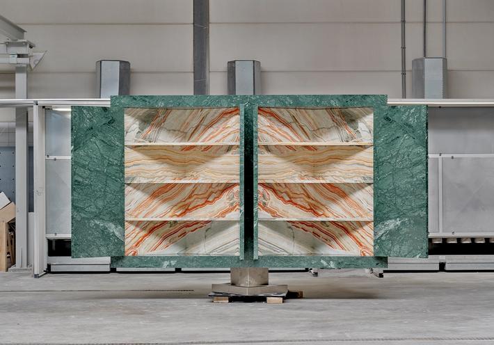 Balance (2022), a marble and onyx cabinet designed by OMA for Solid Nature’s “Monumental Wonders” exhibition at Alcova. (Courtesy Solid Nature)