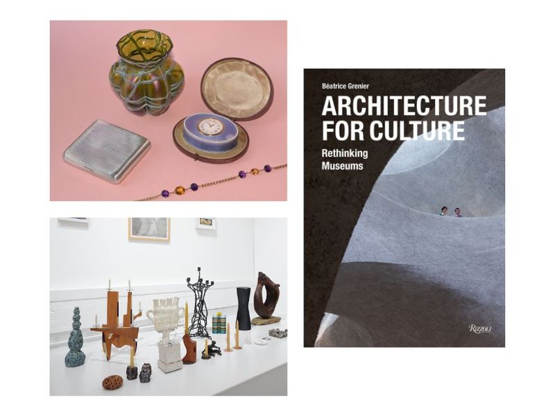 Clockwise from top left: A selection of antiques for sale at Maxim Dimitry during the upcoming YADA show (Photo: Maxim Schidlovsky); cover of “Architecture for Culture: Rethinking Museums” by Béatrice Grenier (Courtesy Rizzoli); installation view of “100 Candleholders” at Blunk Space (Photo: Chris Grunder/Courtesy Blunk Space)